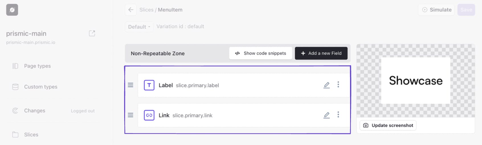 Am image of the fields in our 'MenuItem' Slice in Slice Machine.