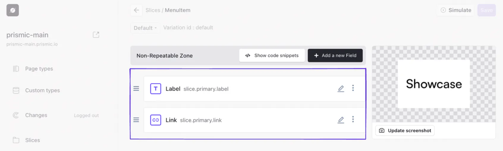 Am image of the fields in our 'MenuItem' Slice in Slice Machine.