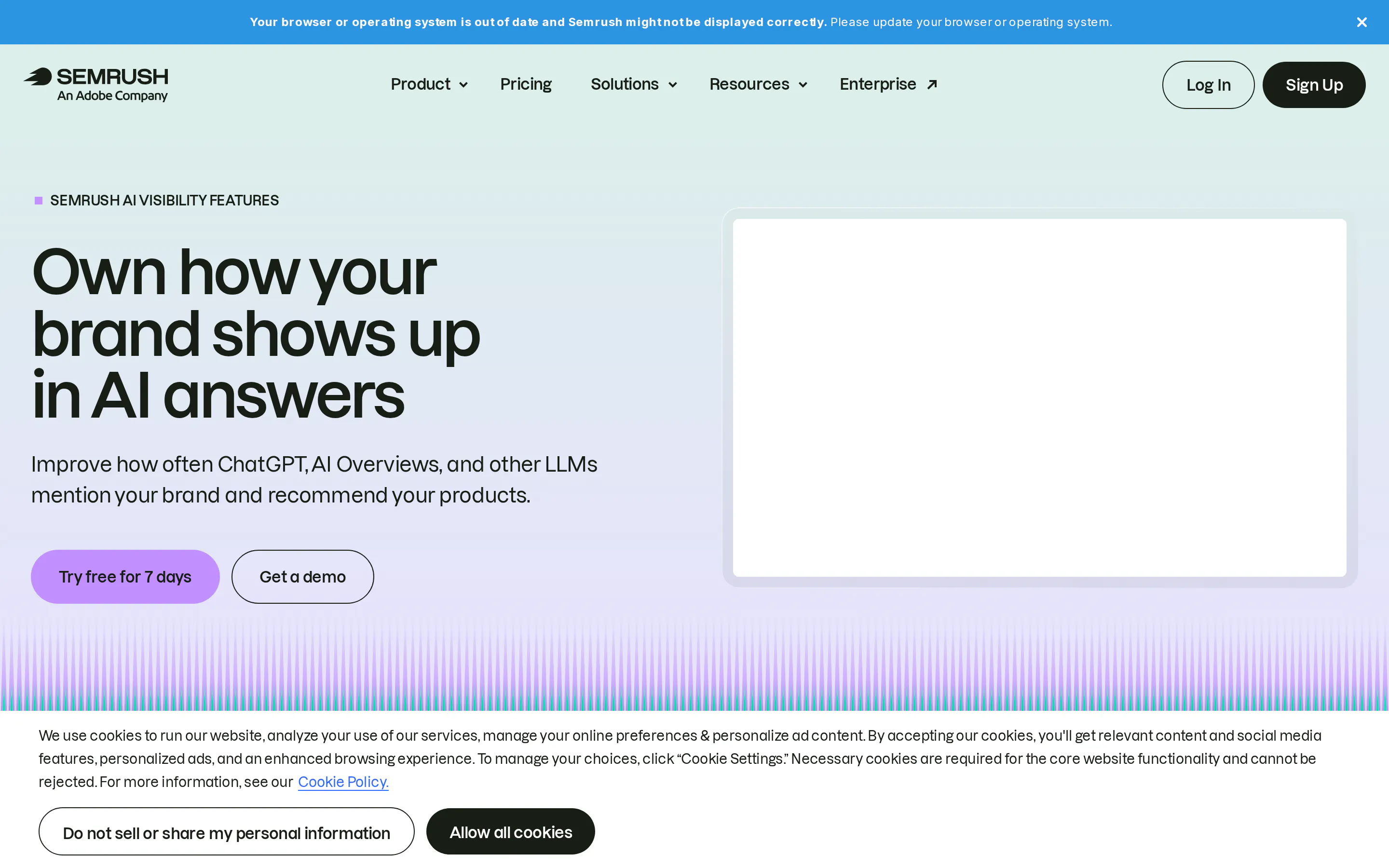 Semrush AI visibility features page, showing AI visibility tracking presented as a module inside the wider Semrush suite