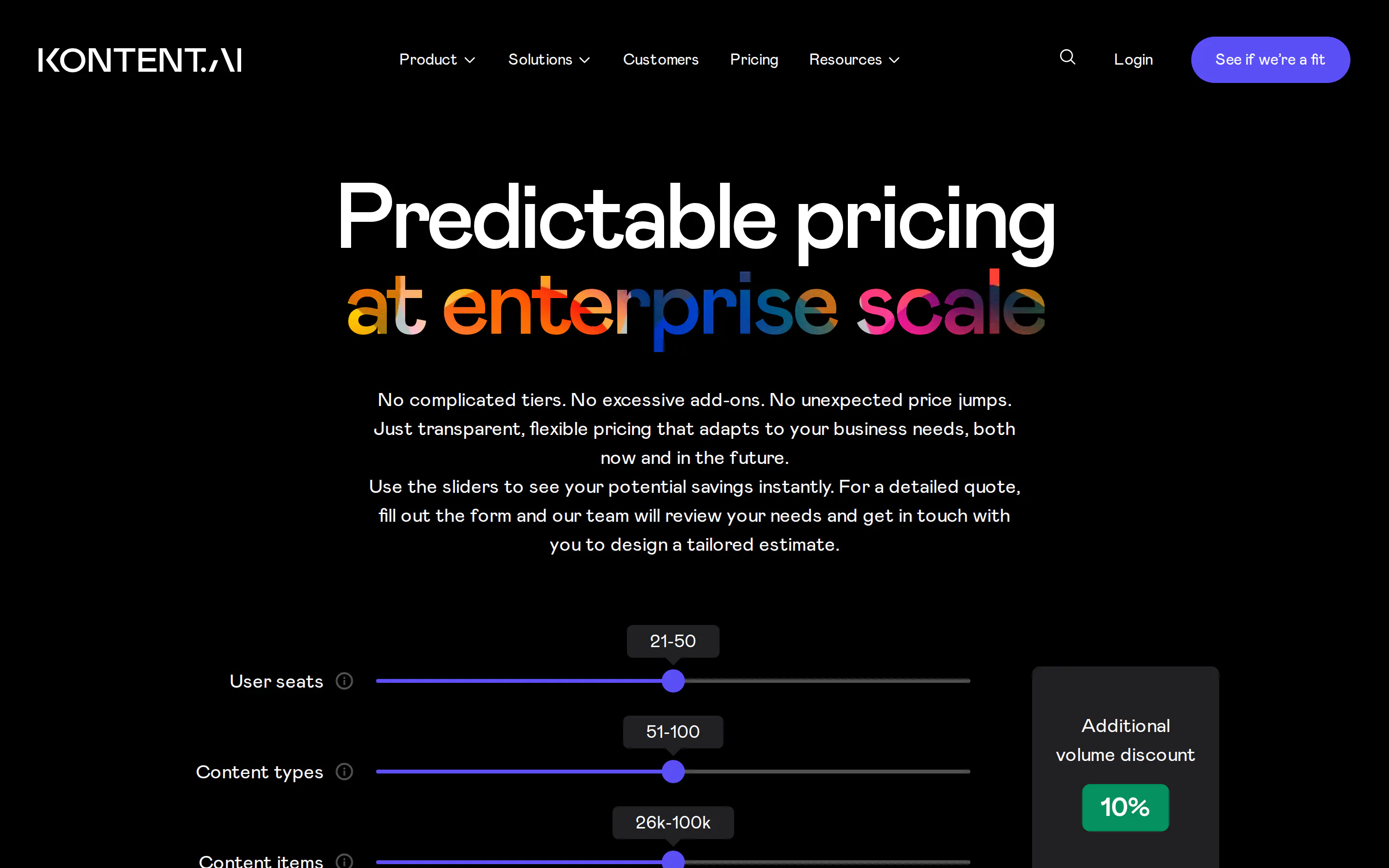 Kontent.ai pricing page showing no published prices, only sliders for user seats and content types and an instruction to fill out a form for a detailed quote so the team can design a tailored estimate.