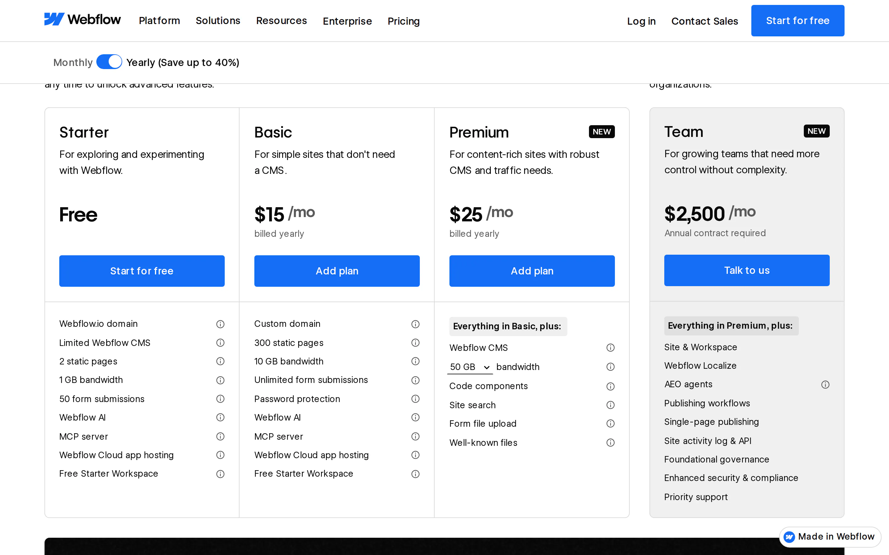 Webflow pricing page showing site plans Starter free, Basic at $15 a month and Premium at $25 a month billed yearly, alongside a Team plan at $2,500 a month whose feature list includes AEO agents.