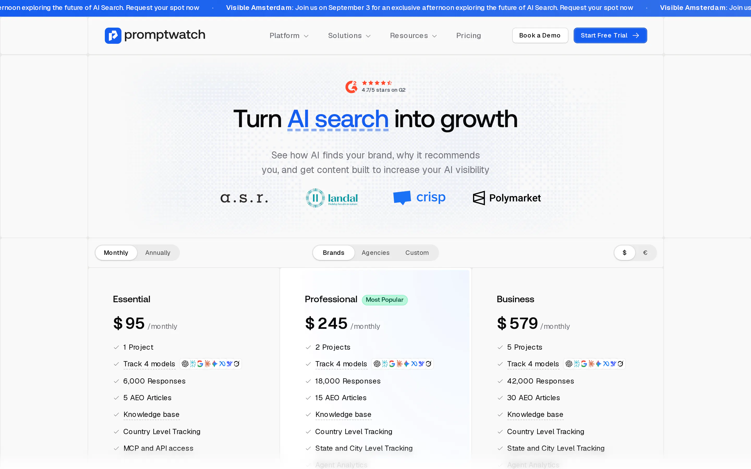 Promptwatch pricing page showing Essential at $95 per month with one project, 6,000 responses and five AEO articles, Professional at $245, and Business at $579, each tracking four models