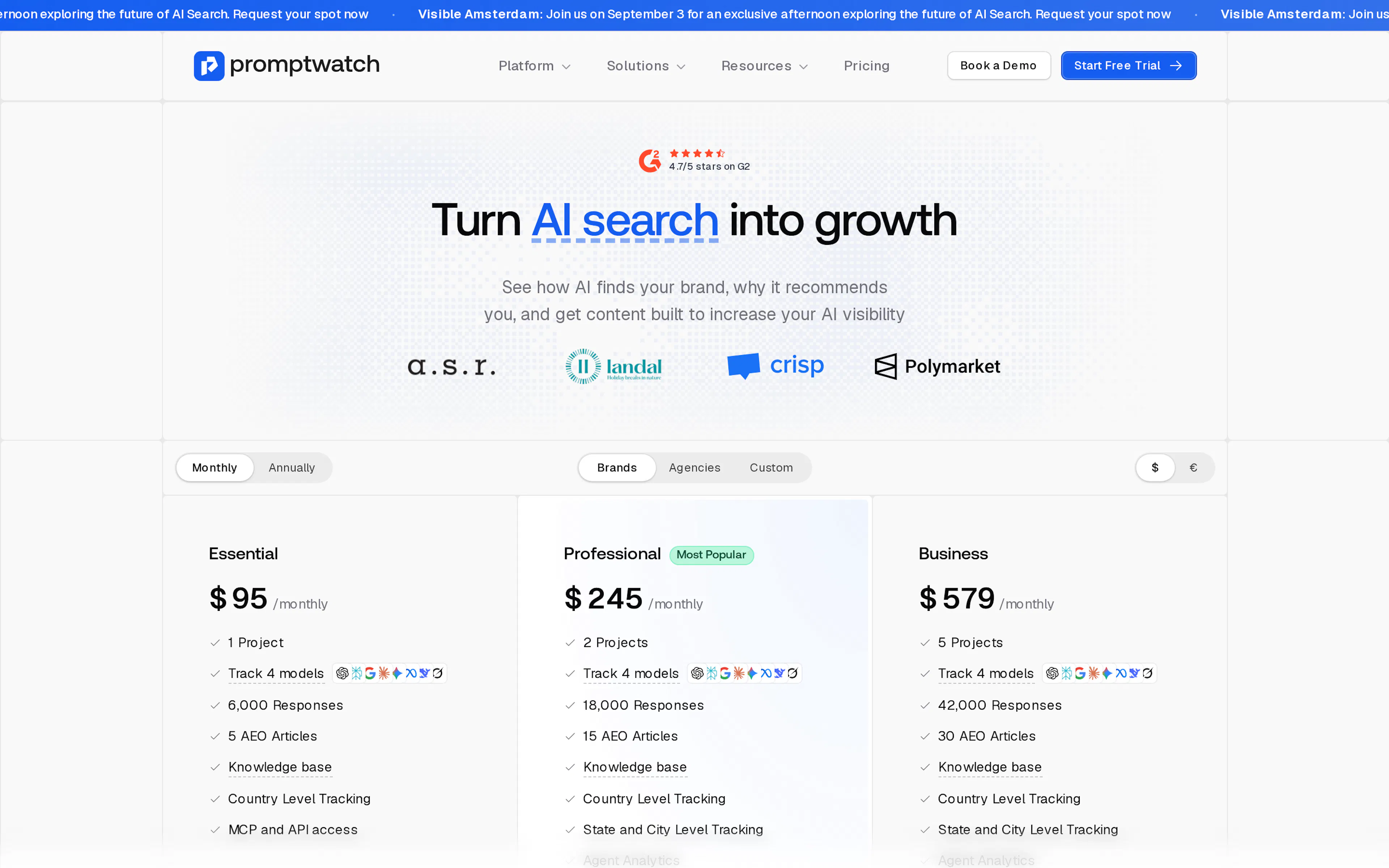 Promptwatch pricing page showing Essential at $95 per month with one project, 6,000 responses and five AEO articles, Professional at $245, and Business at $579, each tracking four models