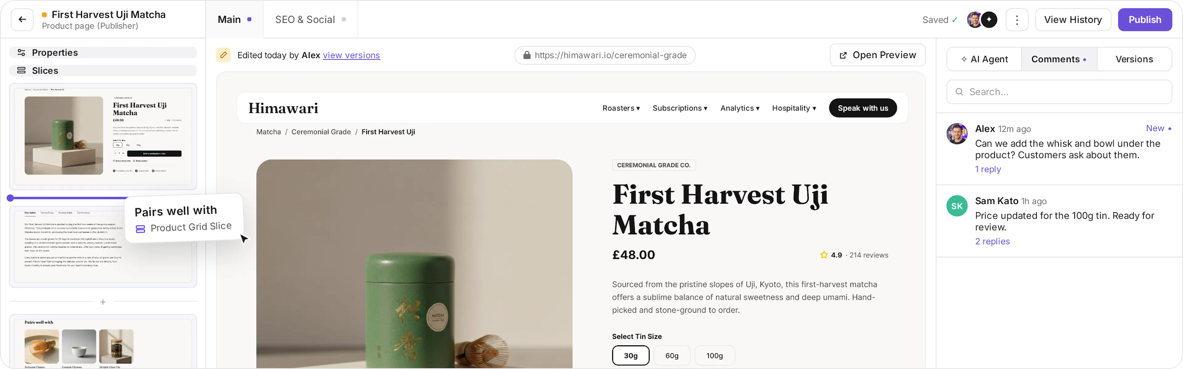 Prismic Page Builder: dragging a slice into the slice list of a product page, with comments from the team