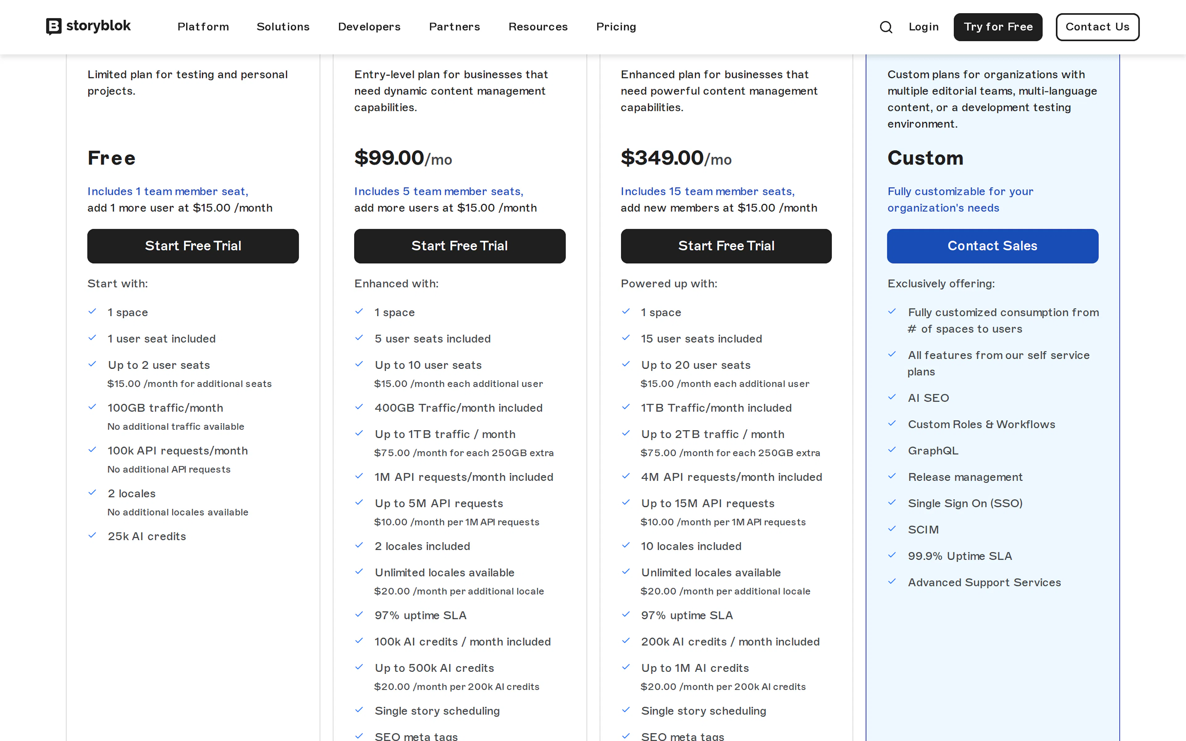 Storyblok pricing page showing a Free plan, an entry paid plan at $99.00 a month, a higher plan at $349.00 a month, and a custom Enterprise tier whose feature list includes AI SEO.