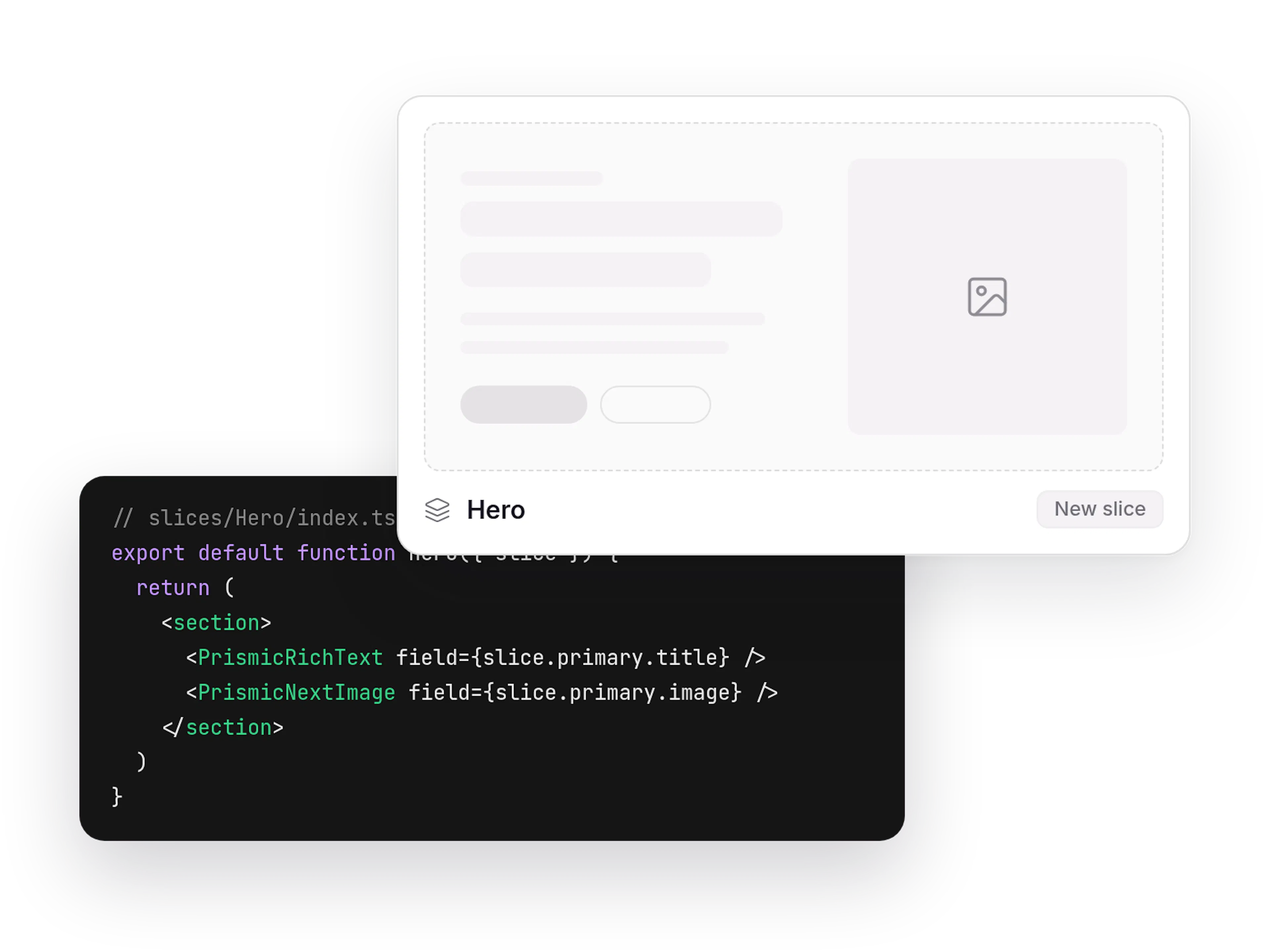 Unstyled Hero slice wireframe above the slice component code