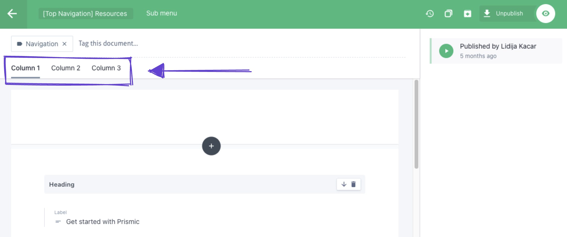 An image of our three columns for our submenu in the Page Builder.