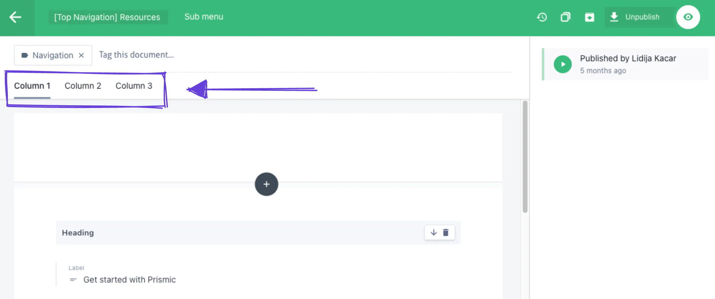 An image of our three columns for our submenu in the Page Builder.