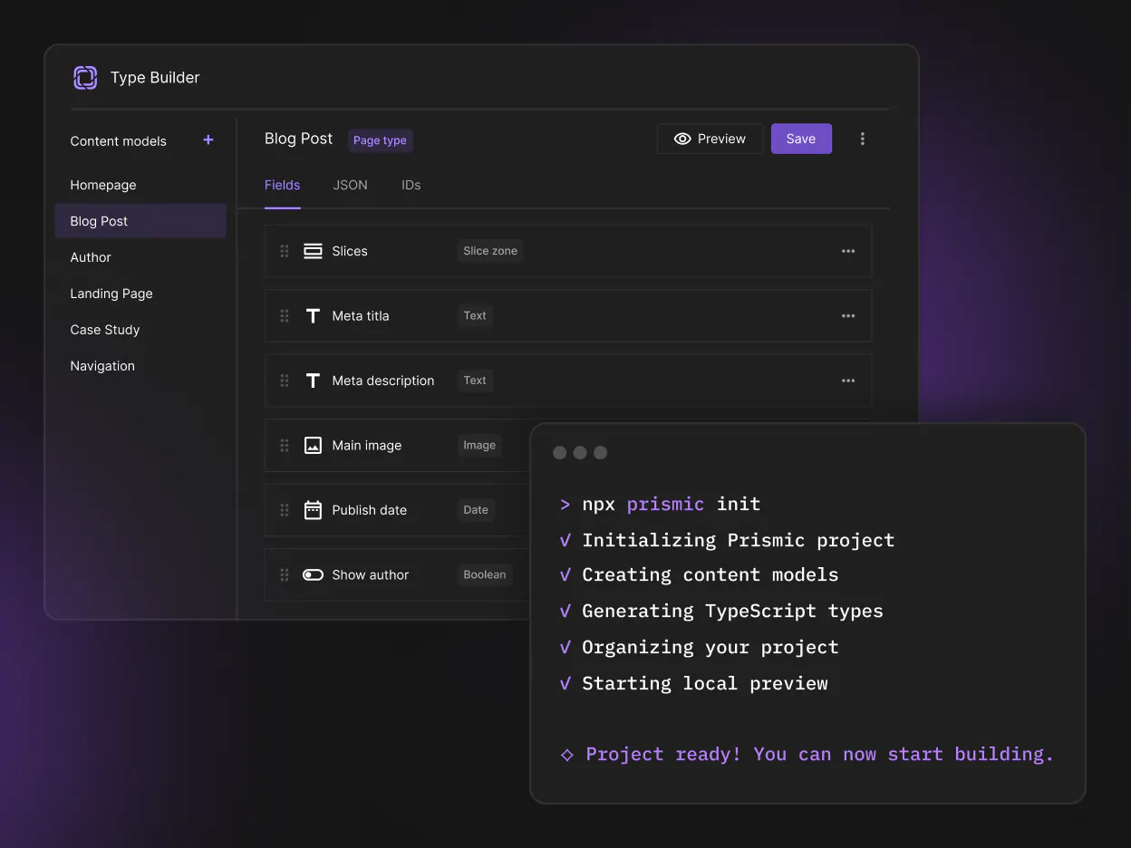 Illustration of Prismic's code editor and content preview for developers