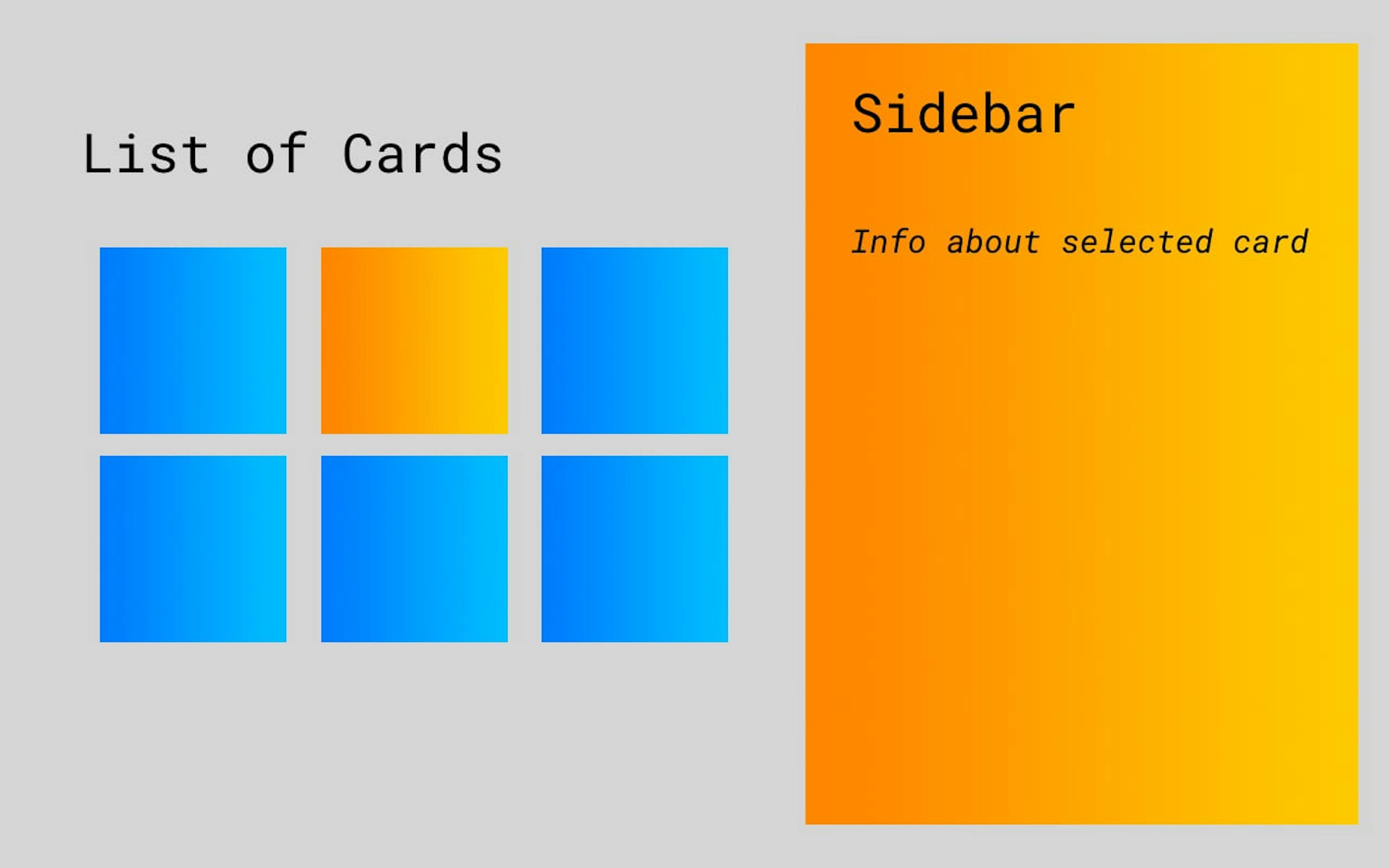 Wireframe of a page showing, on the left, a list of cards and on the right a sidebar. One card is highlighted in orange. The sidebar is also orange and is intended to show a linformation about the selected card.