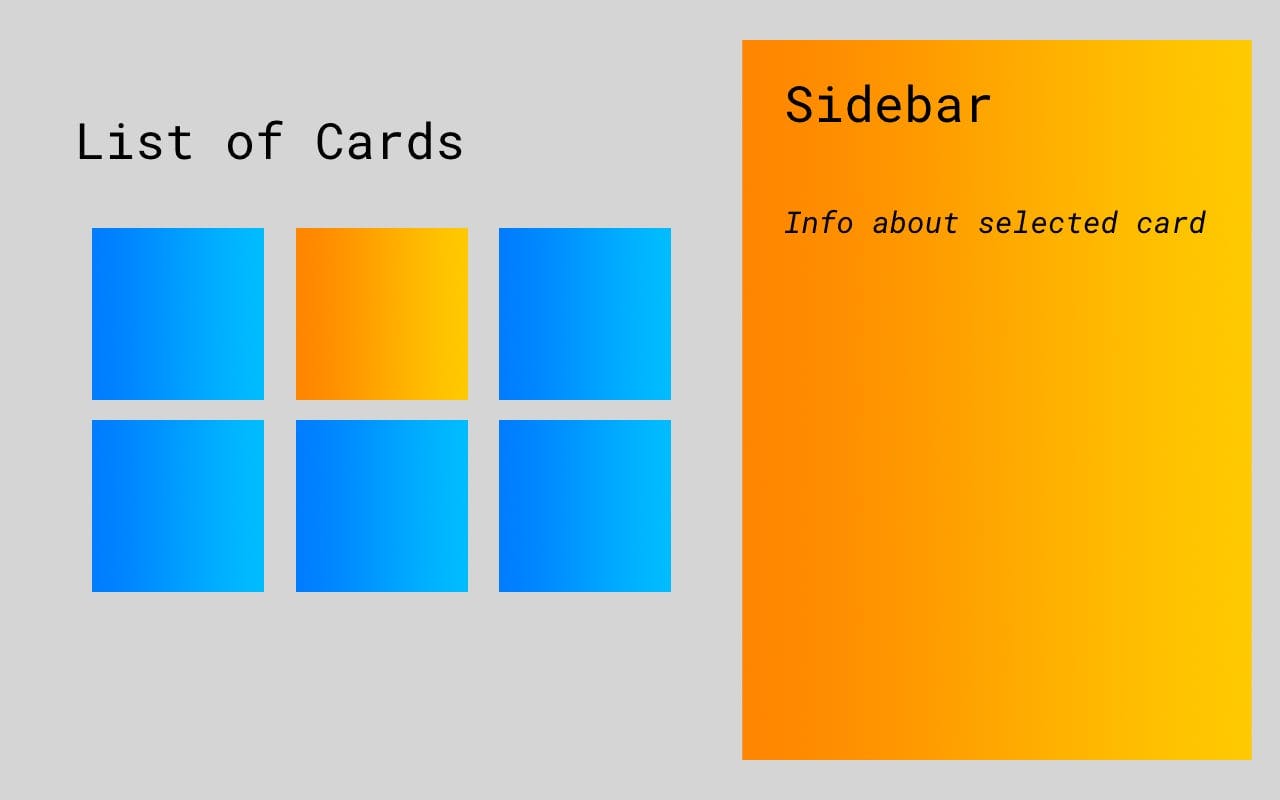 Wireframe of a page showing, on the left, a list of cards and on the right a sidebar. One card is highlighted in orange. The sidebar is also orange and is intended to show a linformation about the selected card.