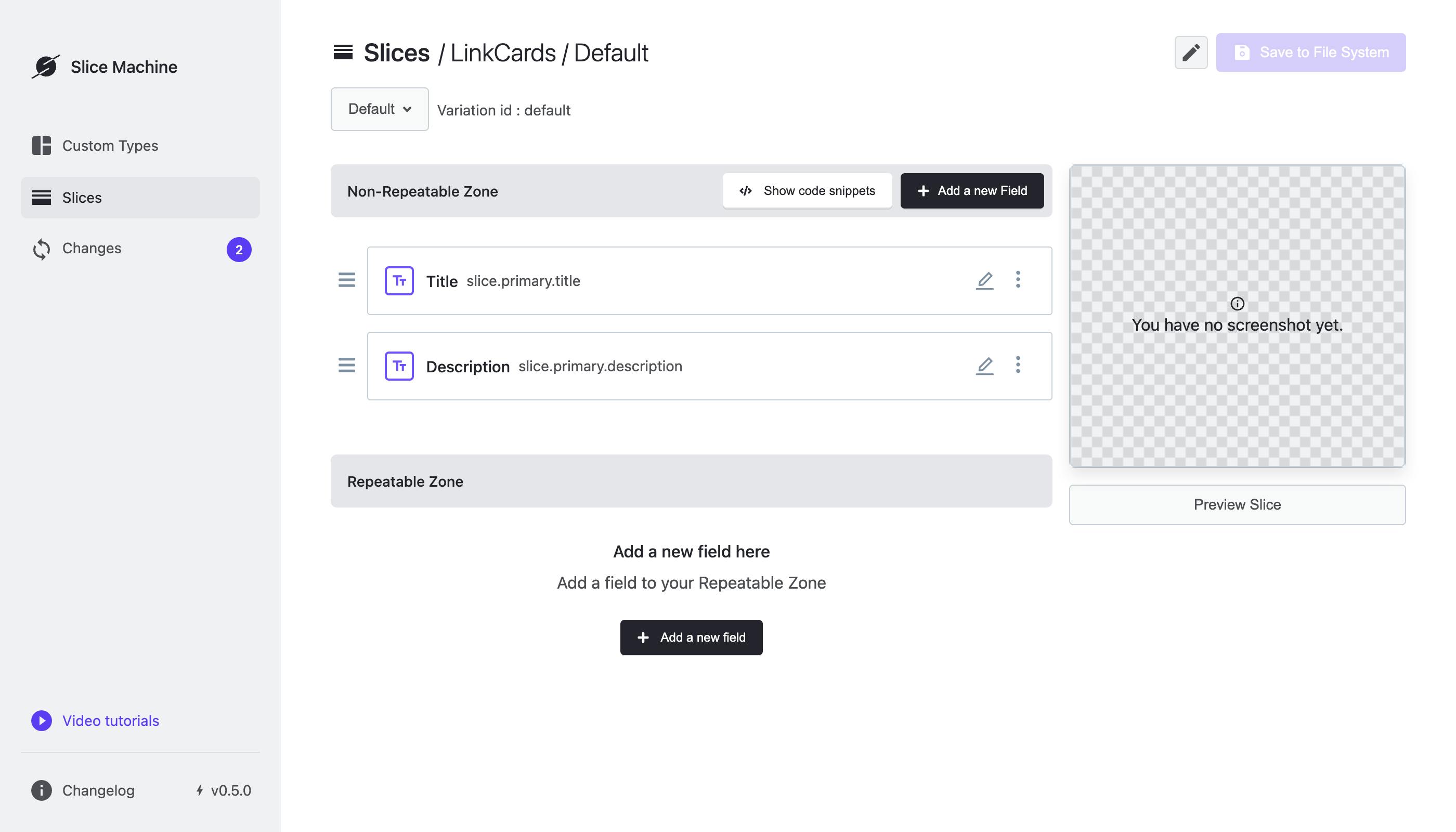 A screenshot of the Slice Machine editing interface where a LinkCards Slice is being created. There are default fields that will need to be deleted.