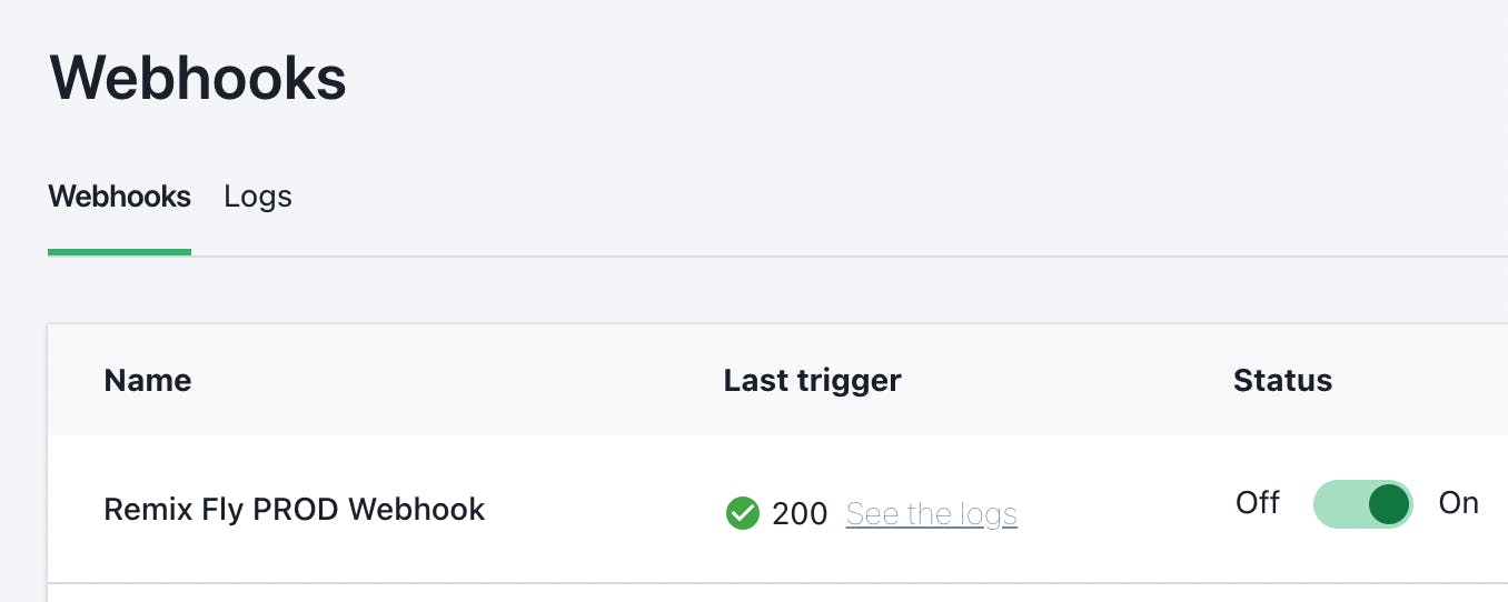 Screenshot of the Prismic interface for viewing a list of your webhooks. The name of the webhook is in the left column. In the middle column, you can see the status of your webhook's last trigger. In the right column, there's a toggle for turning your webhook on or off.