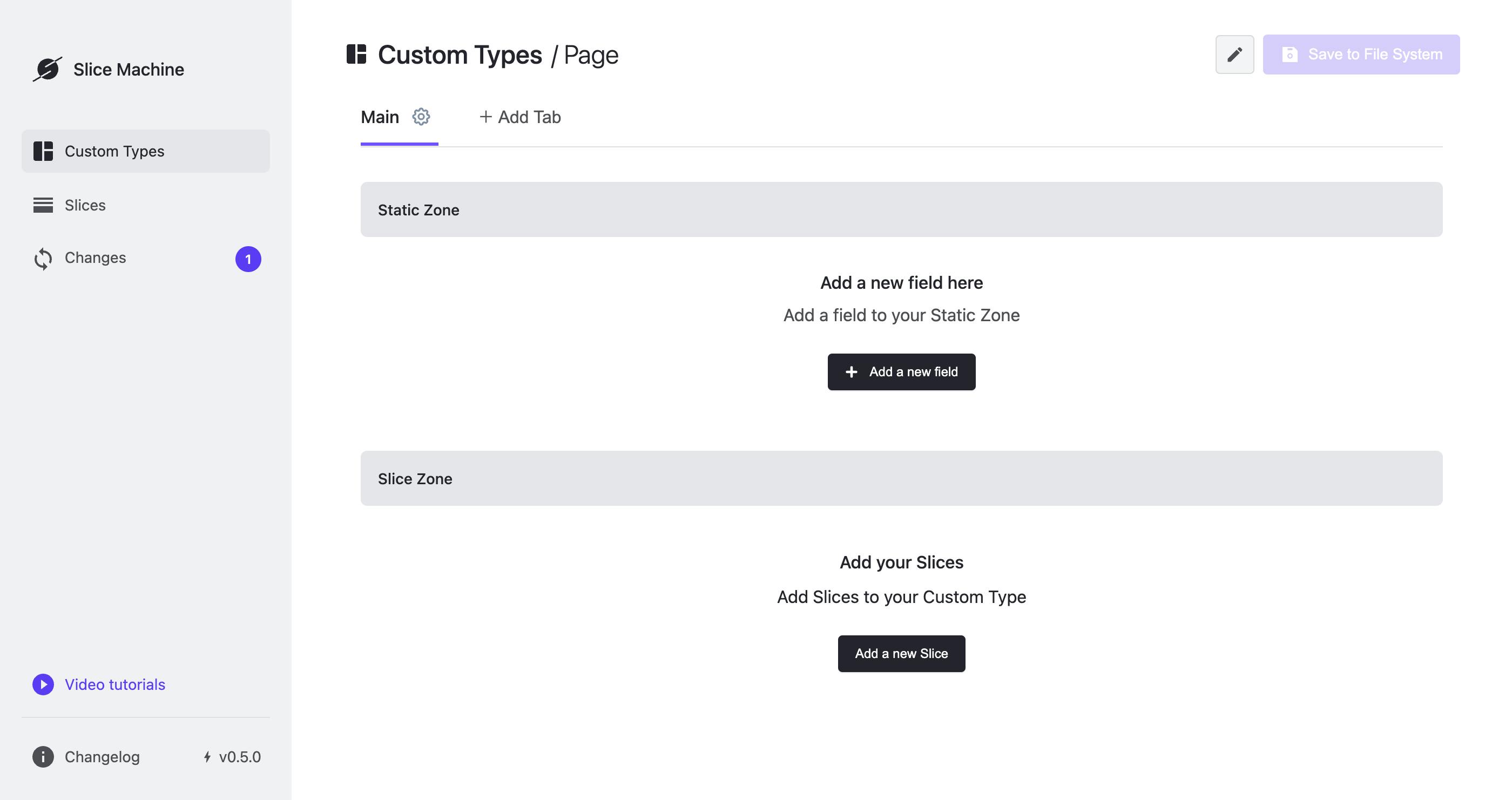 A screenshot of the Slice Machine interface for editing a specific Custom Type. There is a "Static Zone" and a "Slice Zone."