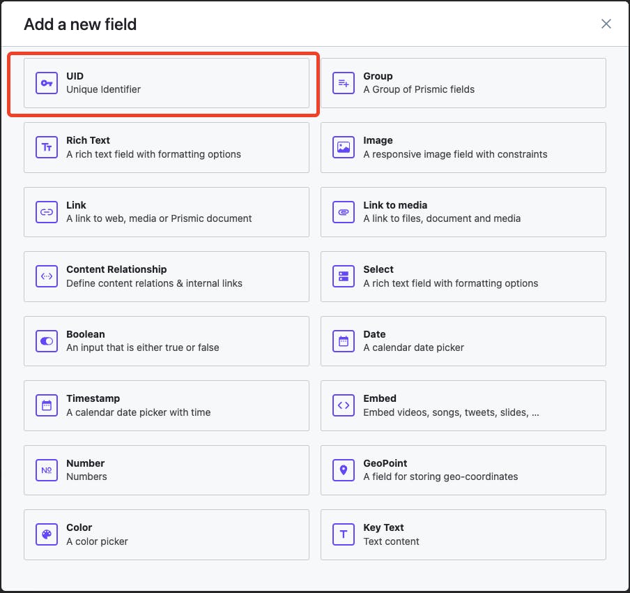 A screenshot showing that the UID field is the first option in the "Add a new field" dialogue box, located in the top, left corner.
