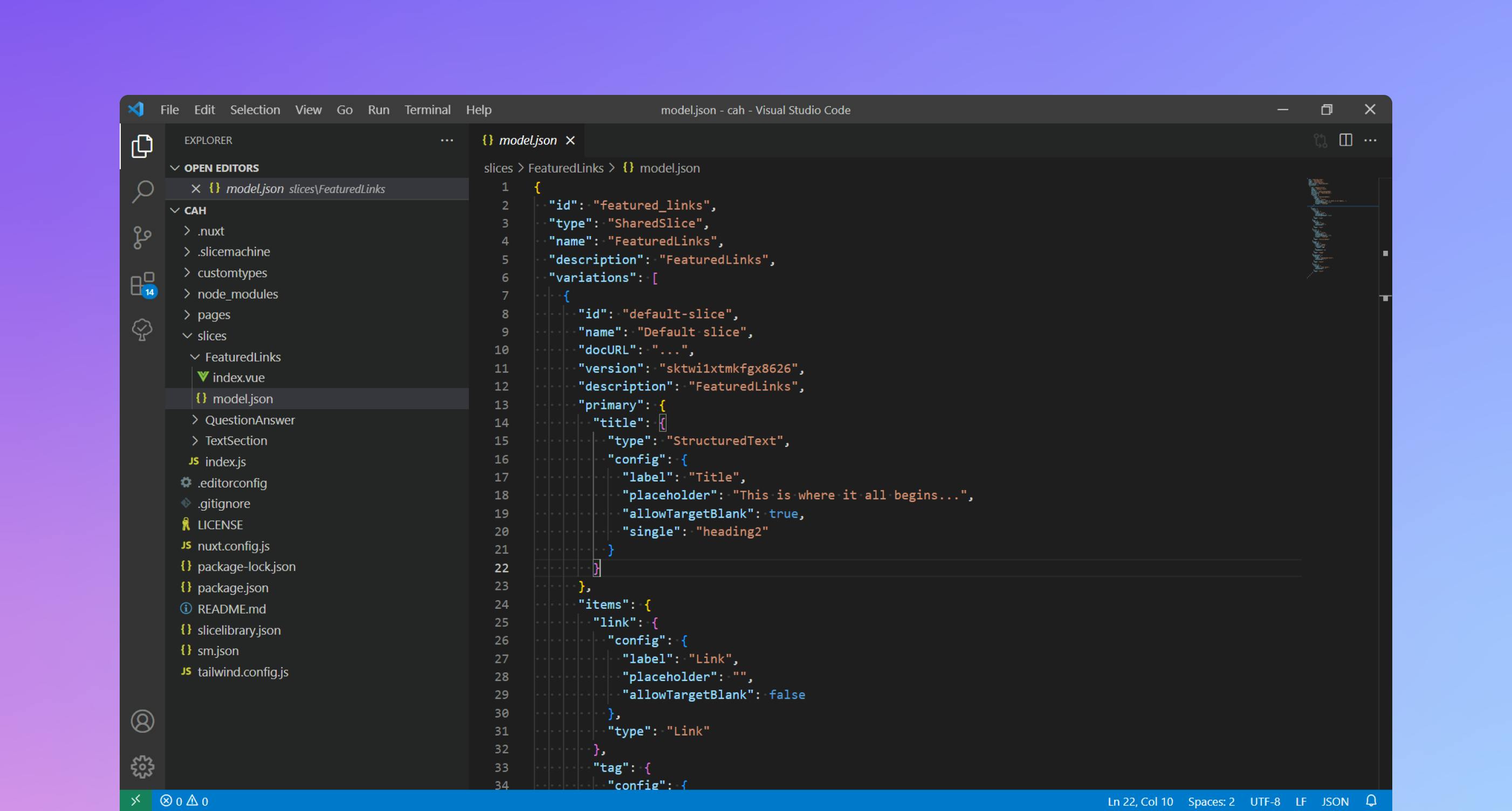 Screenshot of a Content Model that's versioned in code in a VS code editor.