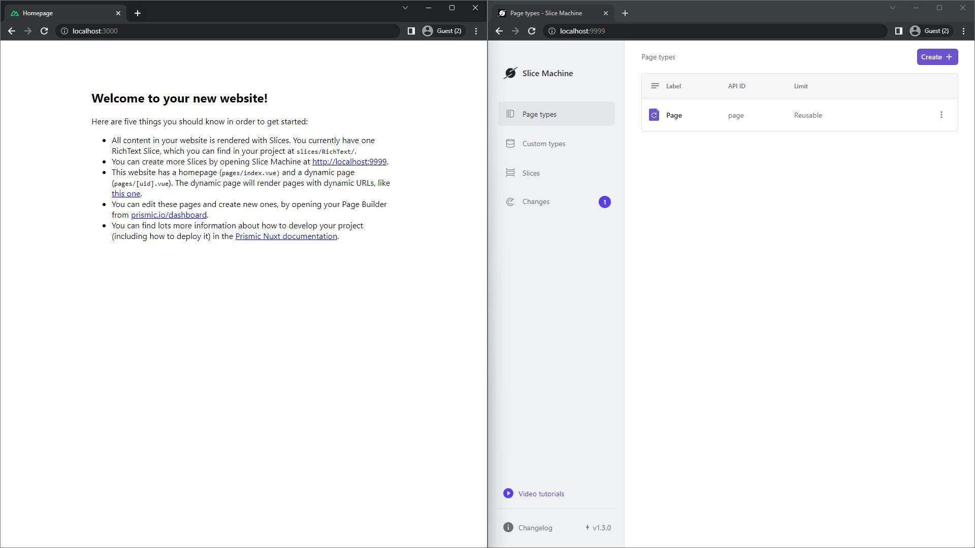 Side-by-side screenshot of Nuxt’s development server on the left, Slice Machine UI on the right.