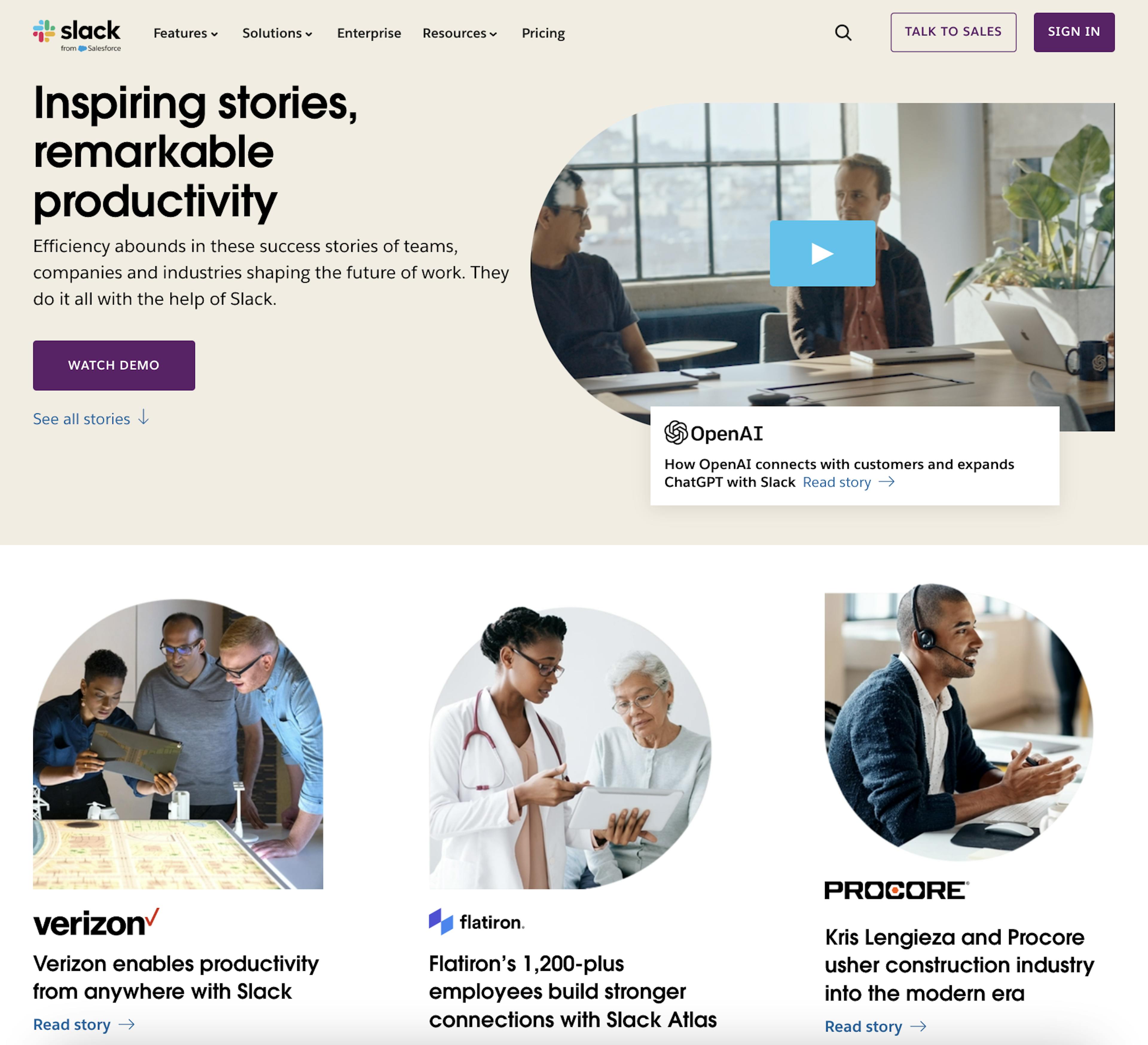 An image of Slack's customer stories page