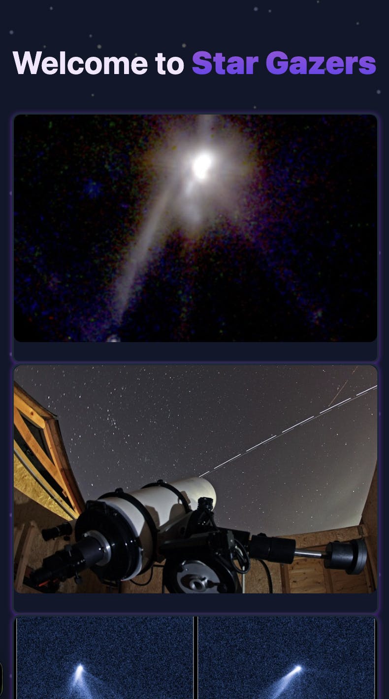 Screenshot: The star gazers app with the heading, "Welcome to Star Gazers," and pictures from the API stacked in a single column.