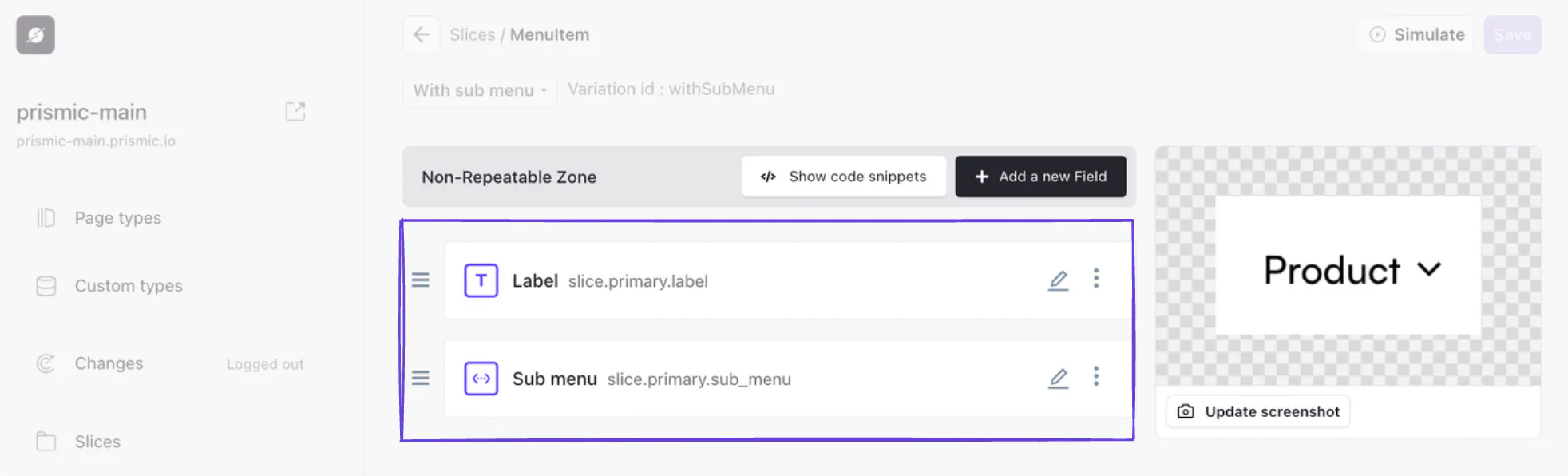 An image of fields in our MenuItem Sub menu variation.