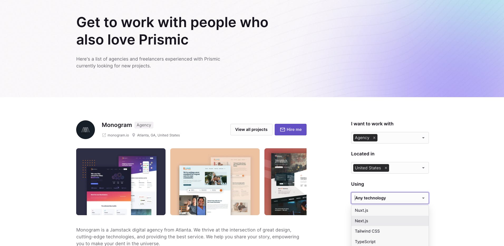 Screenshot of the Hire a Developer main page, where the header says, "Get to work with people who also love Prismic" and there are agencies and freelancers listed below.
