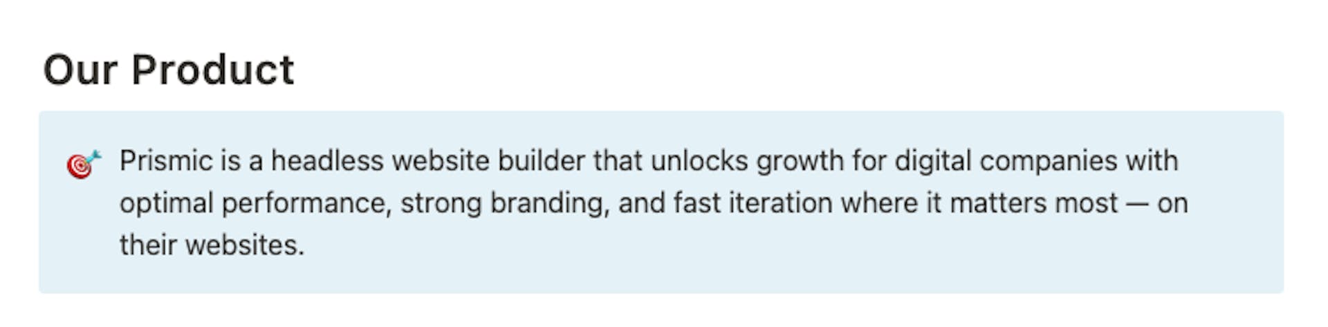 A screenshot of an excerpt from Prismic's internal brand messaging guidelines. It shows our internal product definition, with our market category and broad value proposition.