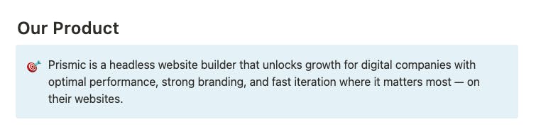 A screenshot of an excerpt from Prismic's internal brand messaging guidelines. It shows our internal product definition, with our market category and broad value proposition.