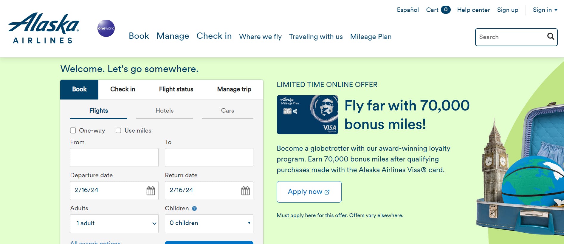 An image of Alaska Airlines landing page.