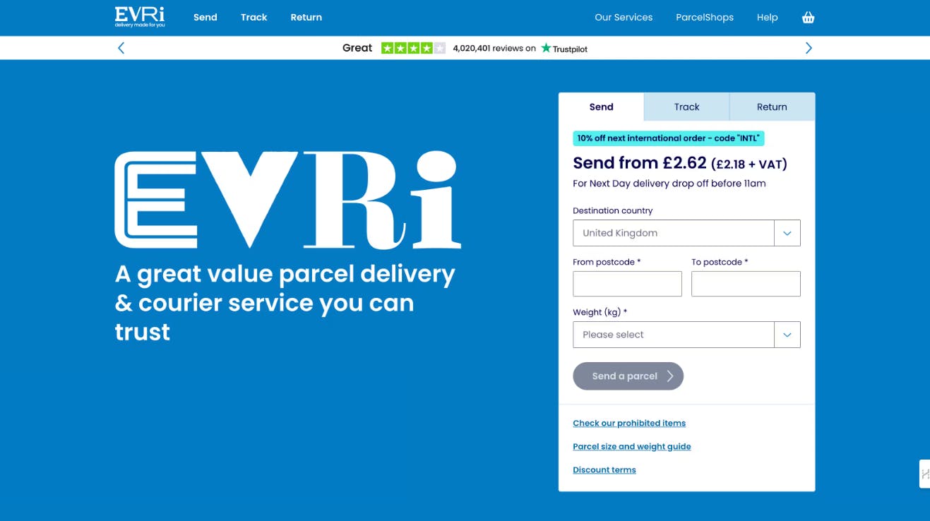 An image of Evri landing page.