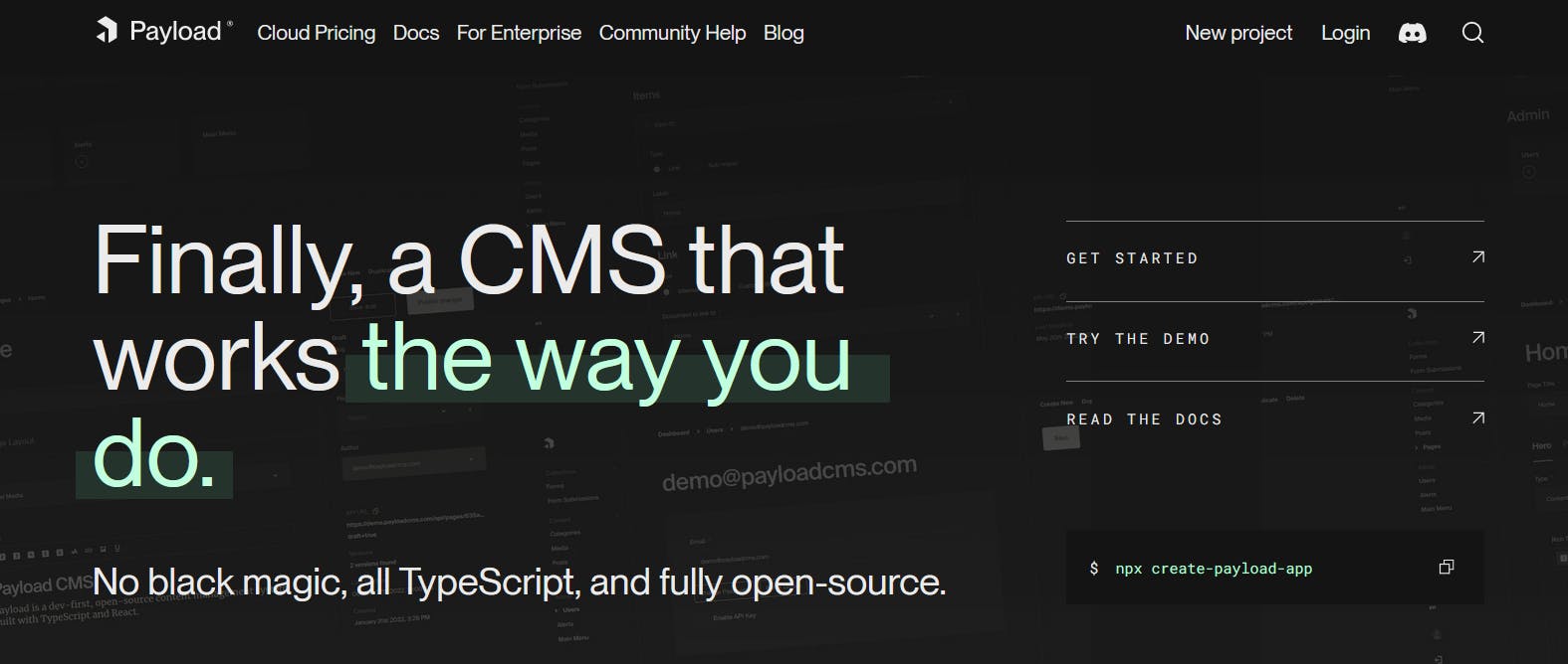 An image of Payload CMS landing page.