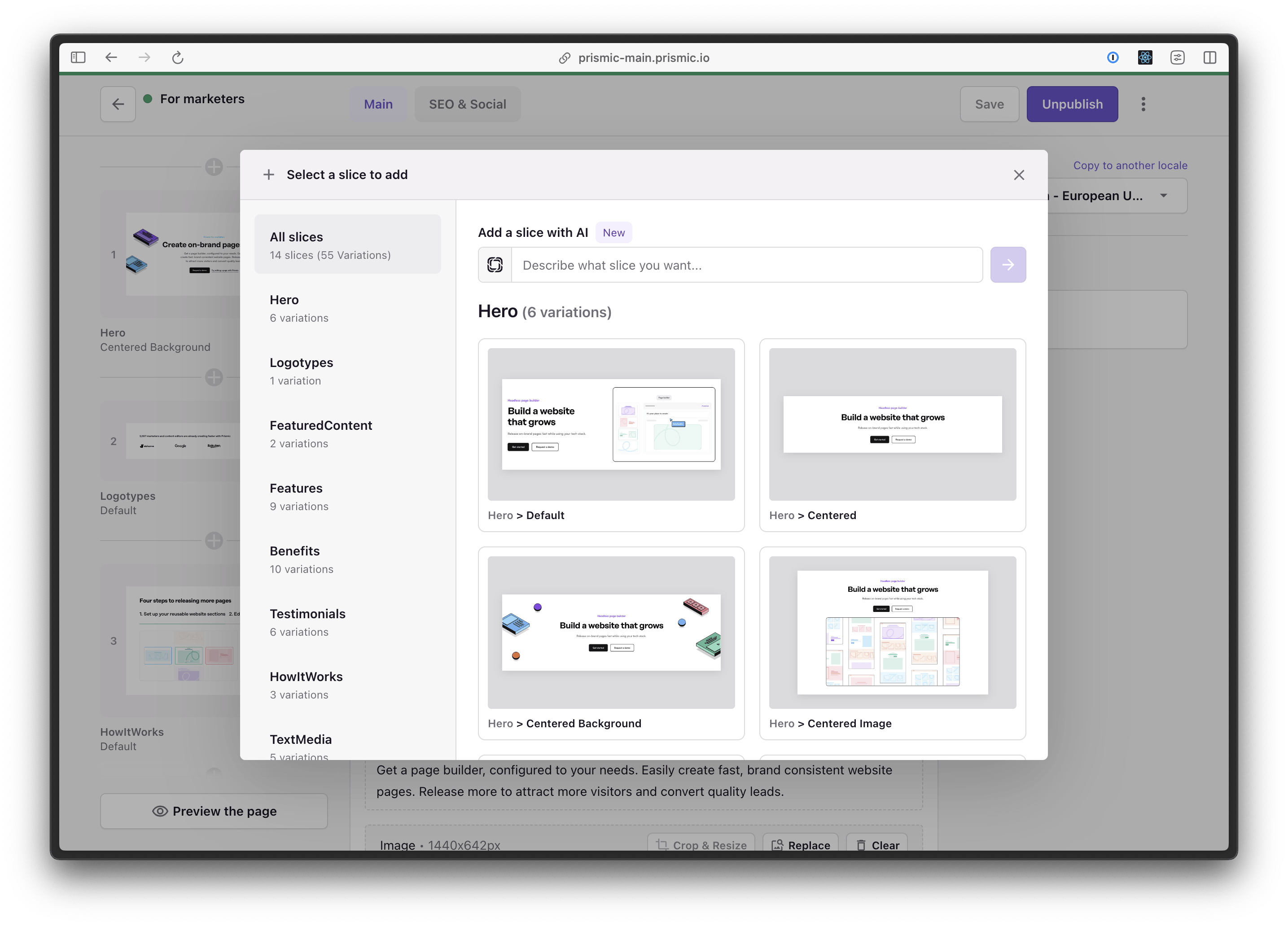 An image of the Prismic website slice library