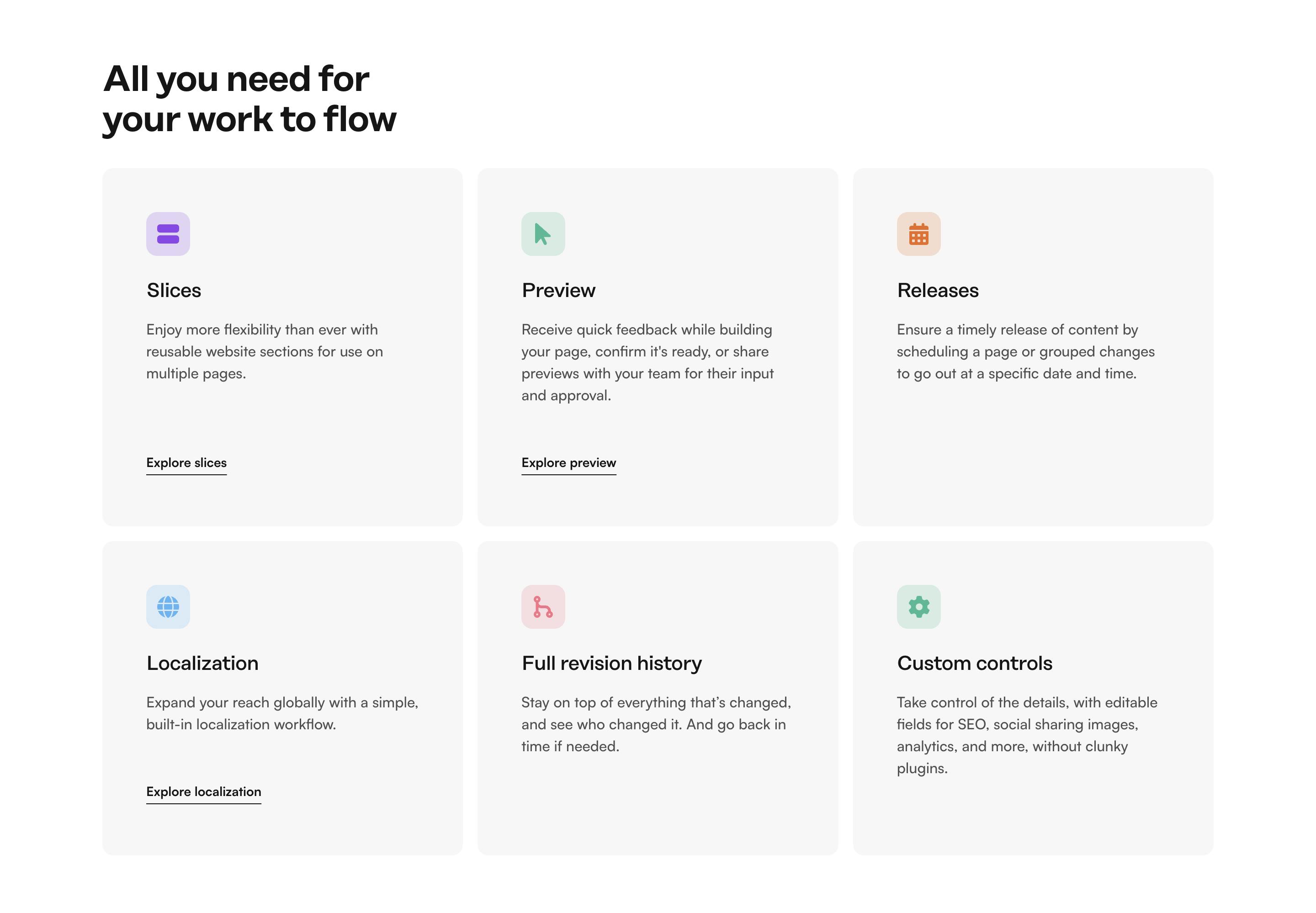 An image of the features default slice variation in Prismic Page Builder.