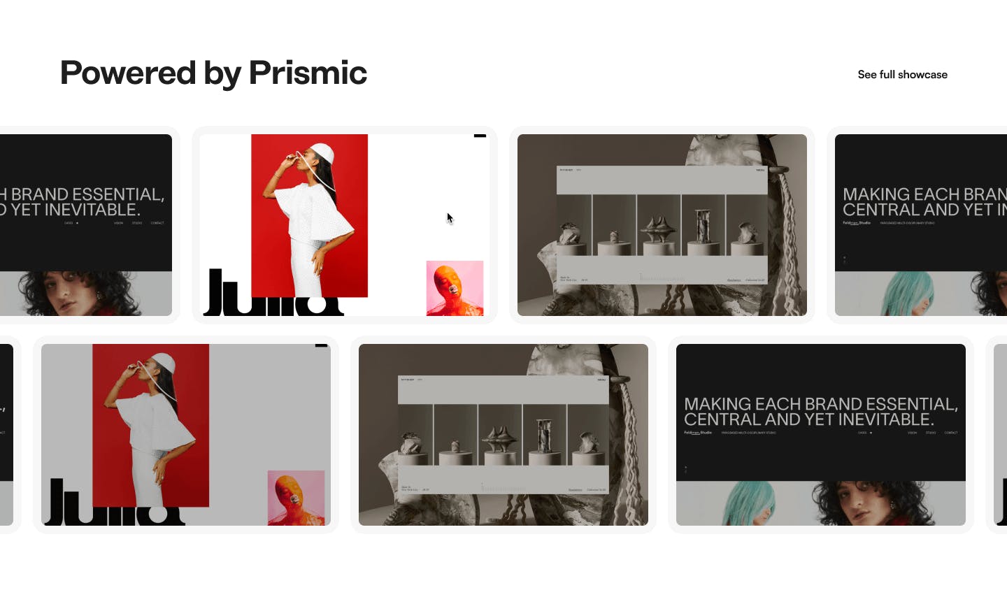 An image of the featured showcase slider variation in Prismic Page Builder.