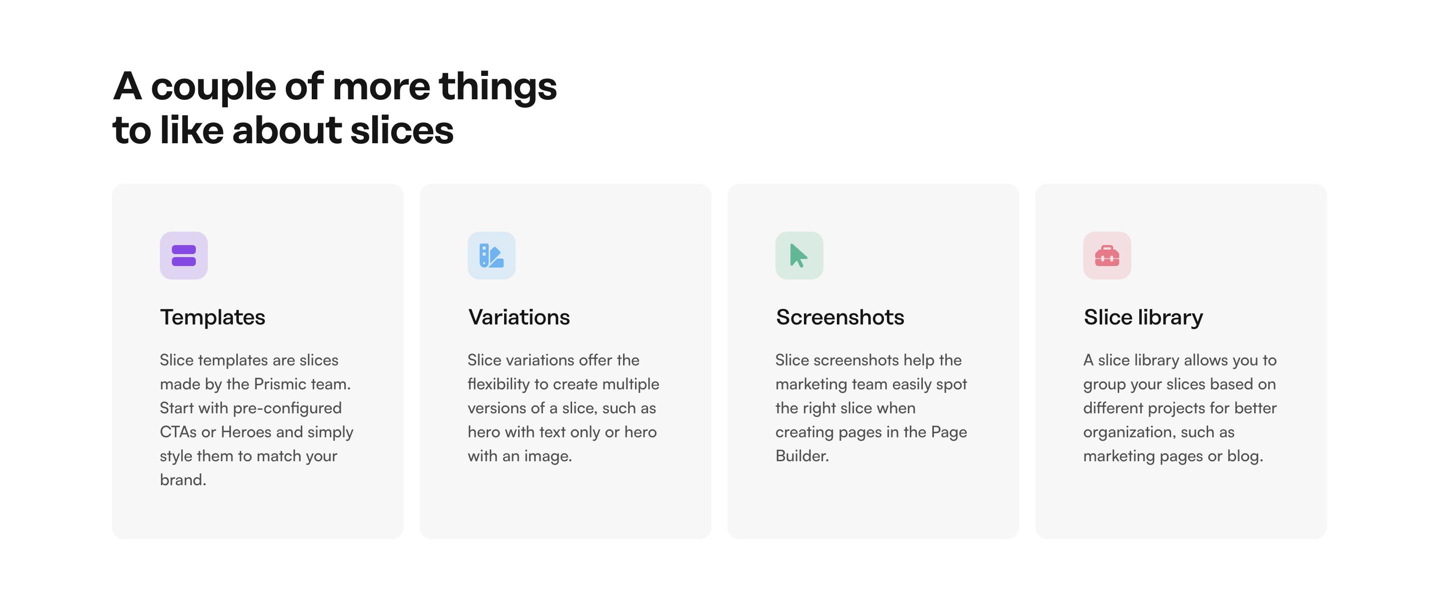 An image of the features four columns slice variation in Prismic Page Builder.