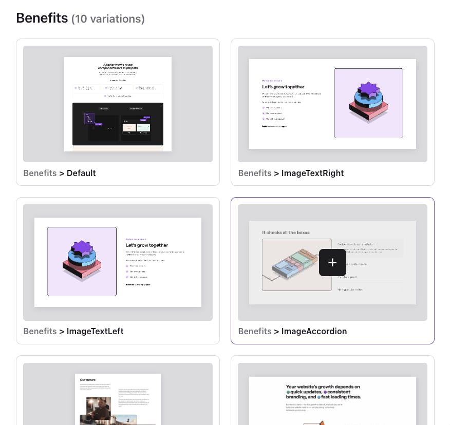 An image of the benefits slice variations in Prismic.