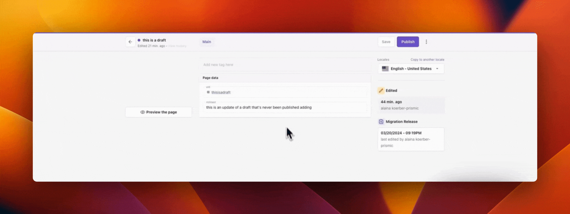 A GIF of editing a draft from Migration API in Page Builder.