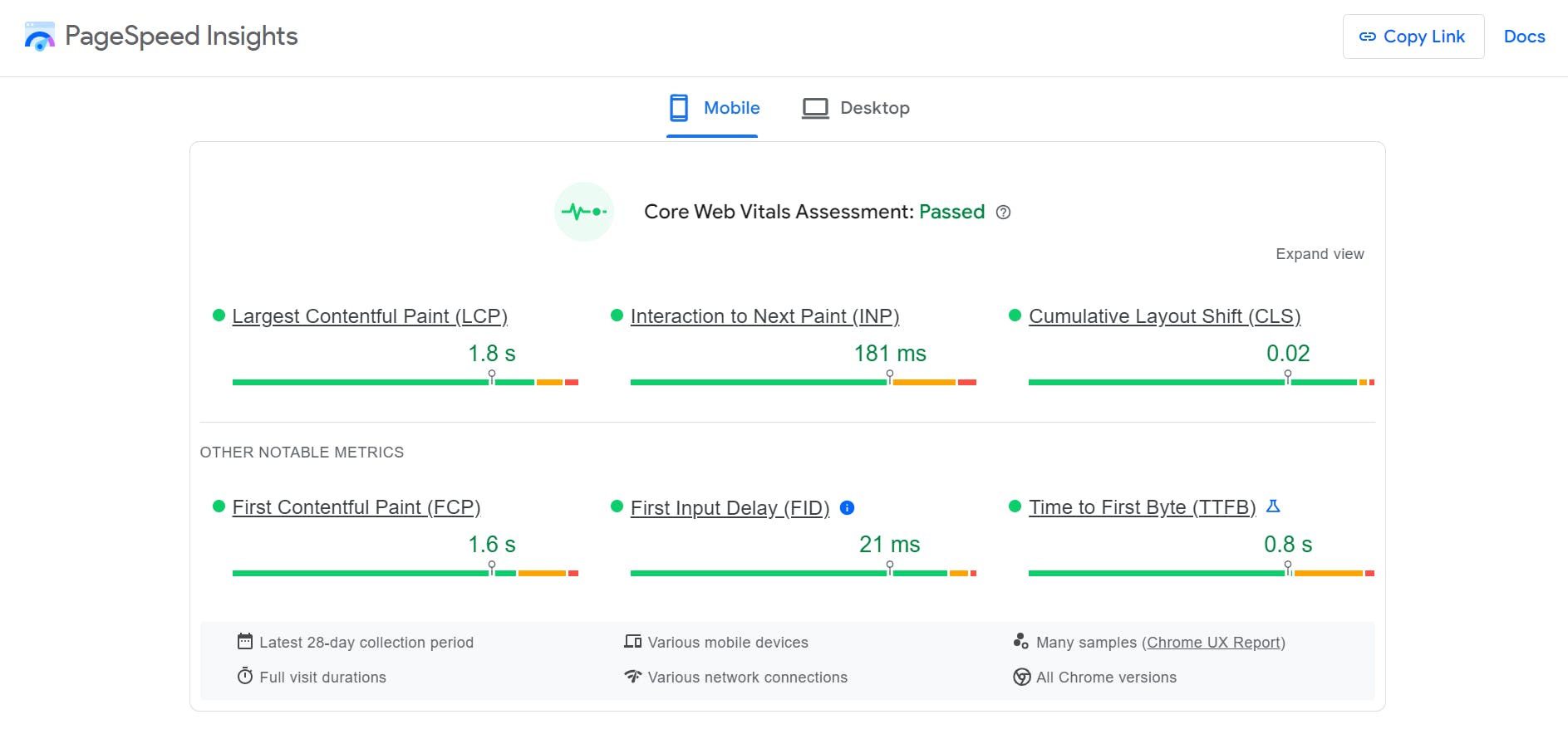 An image of mParticle's Core Web Vitals metrics