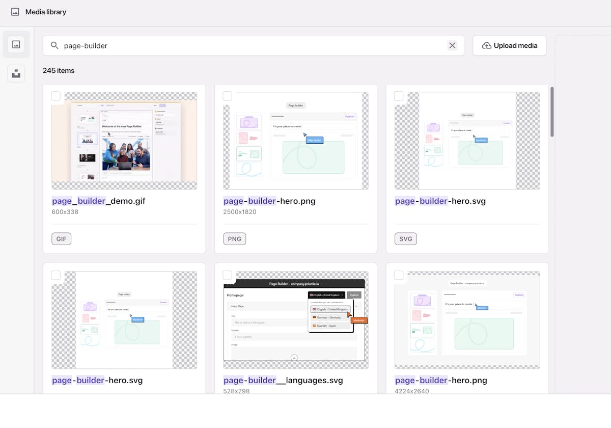 An image of the Page Builder search results.