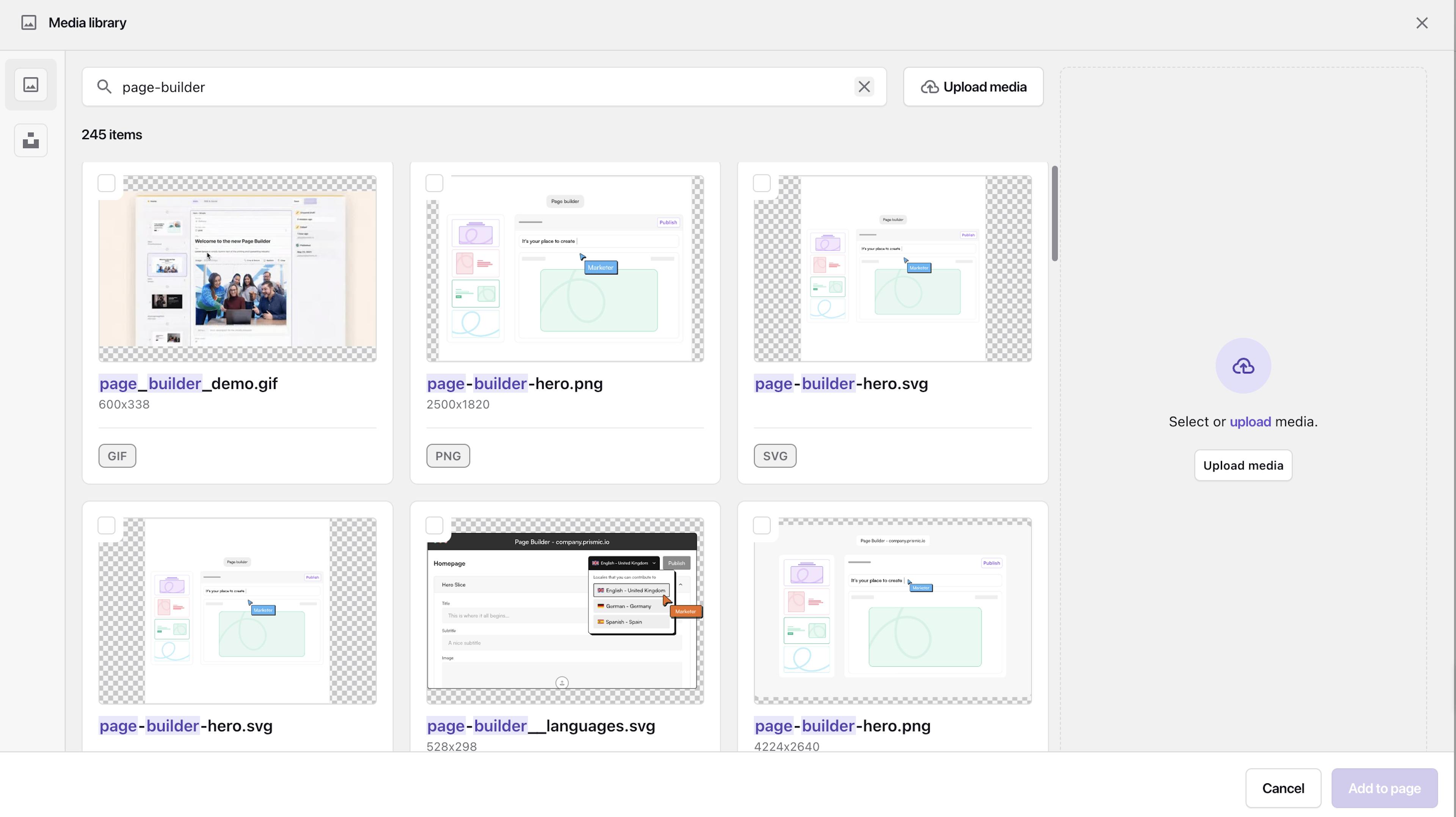 An image of the Page Builder search results.