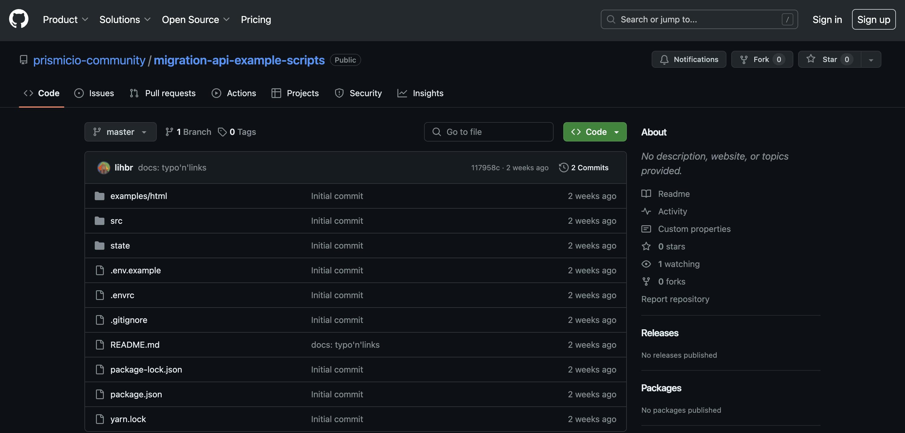 An image of Prismic Migration API scripts GitHub repo.