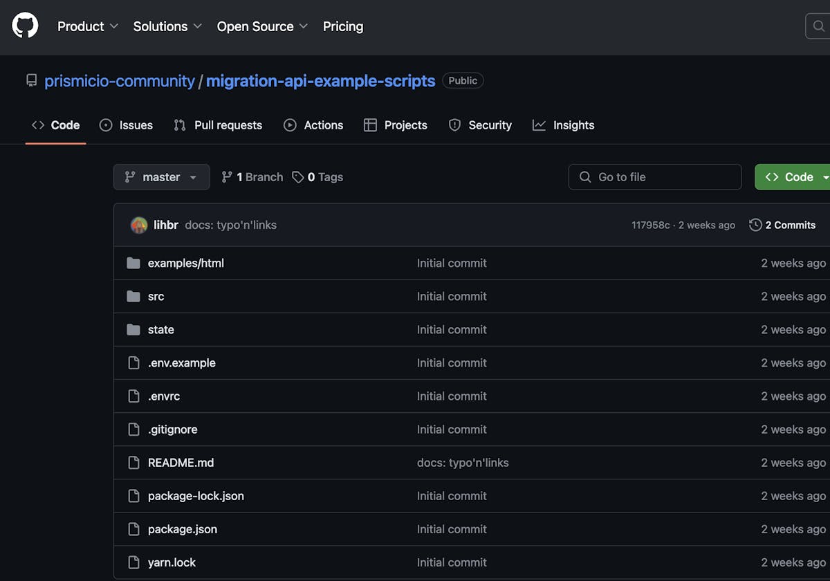 An image of Prismic Migration API scripts GitHub repo.