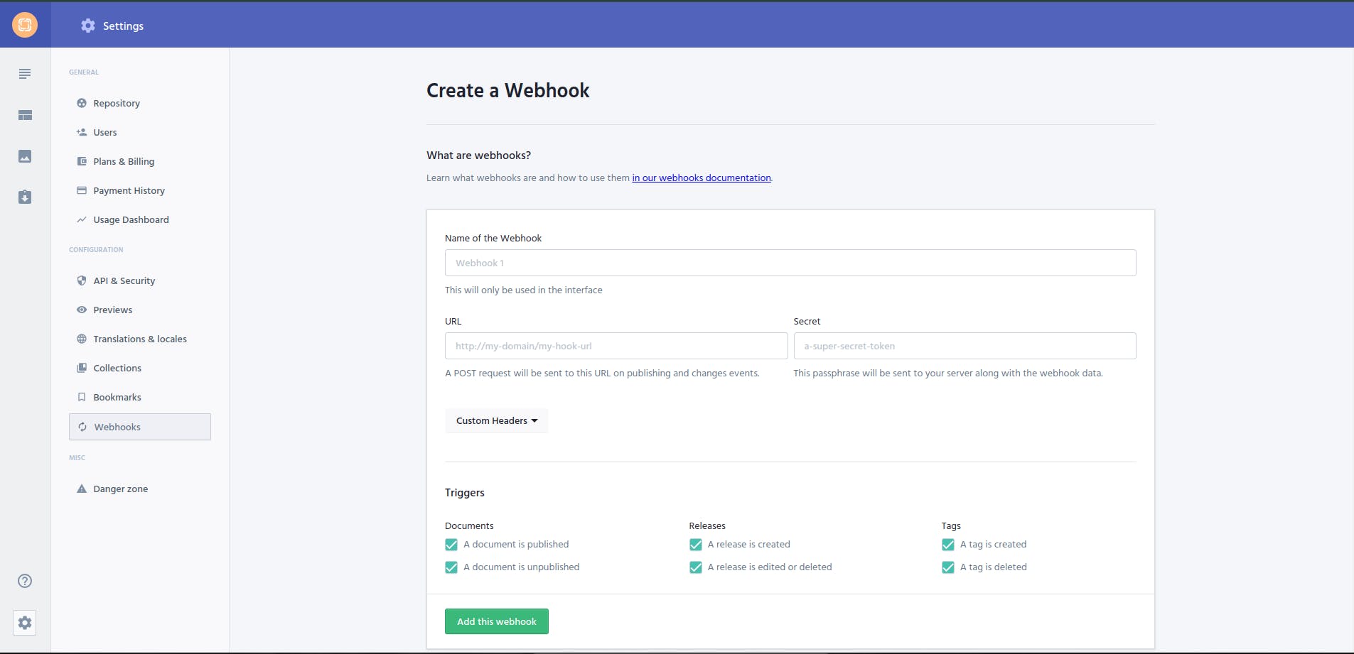 An image of webhooks in Prismic.