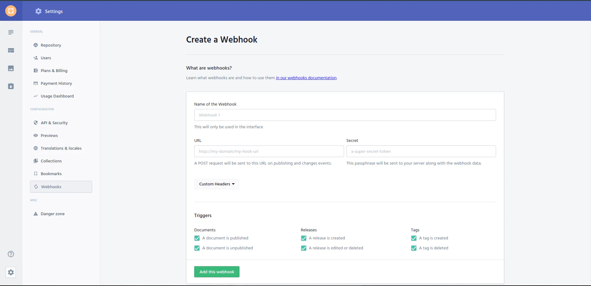 An image of webhooks in Prismic.