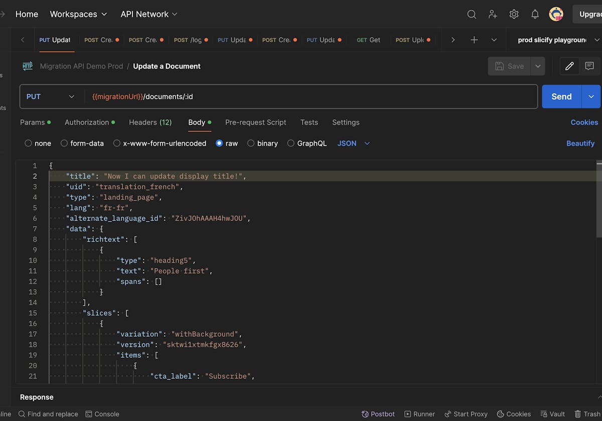 PUT request with Migration API showing a title field that will update the document title in Prismic