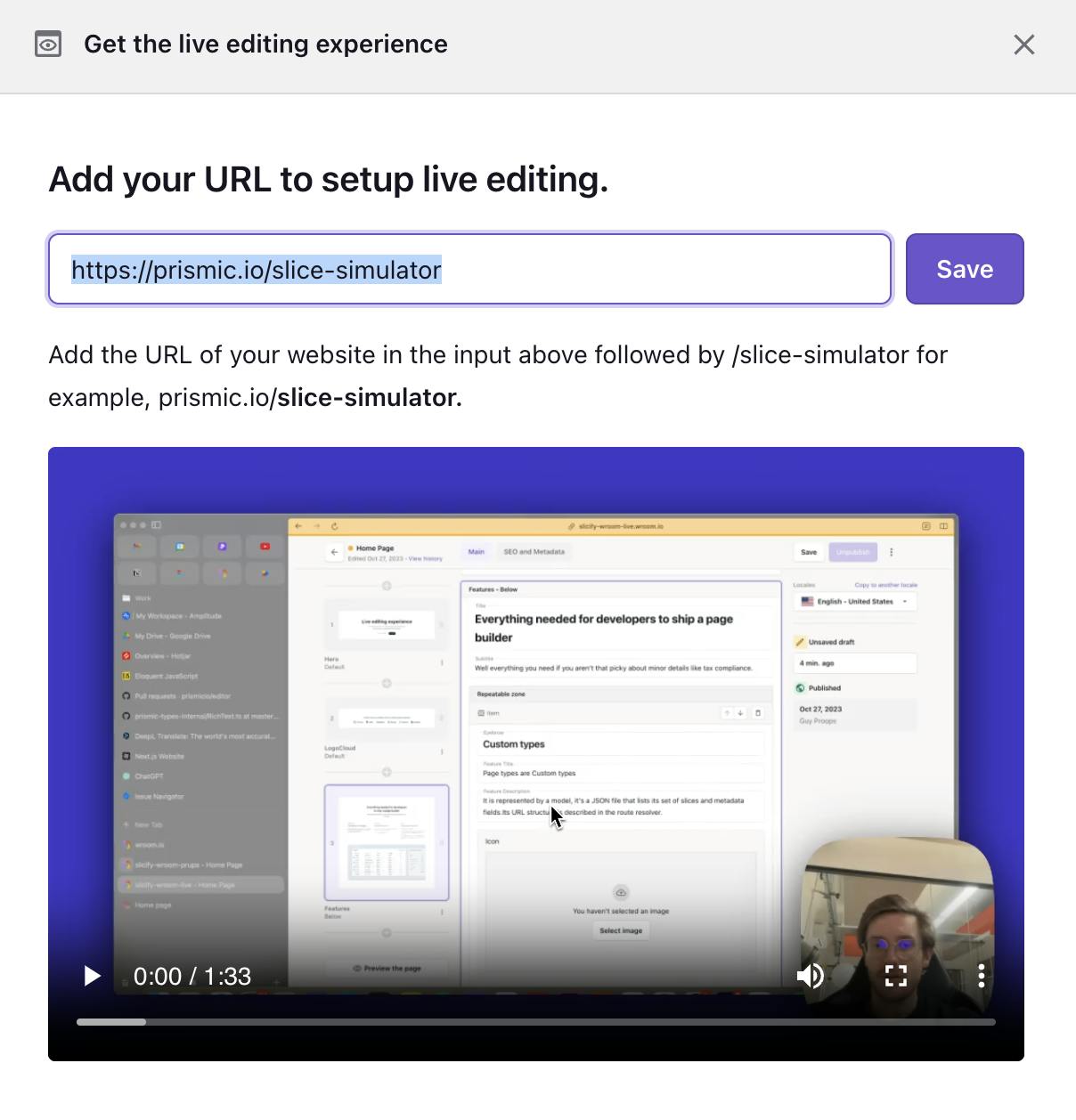 An image of the live editing URL in Prismic.