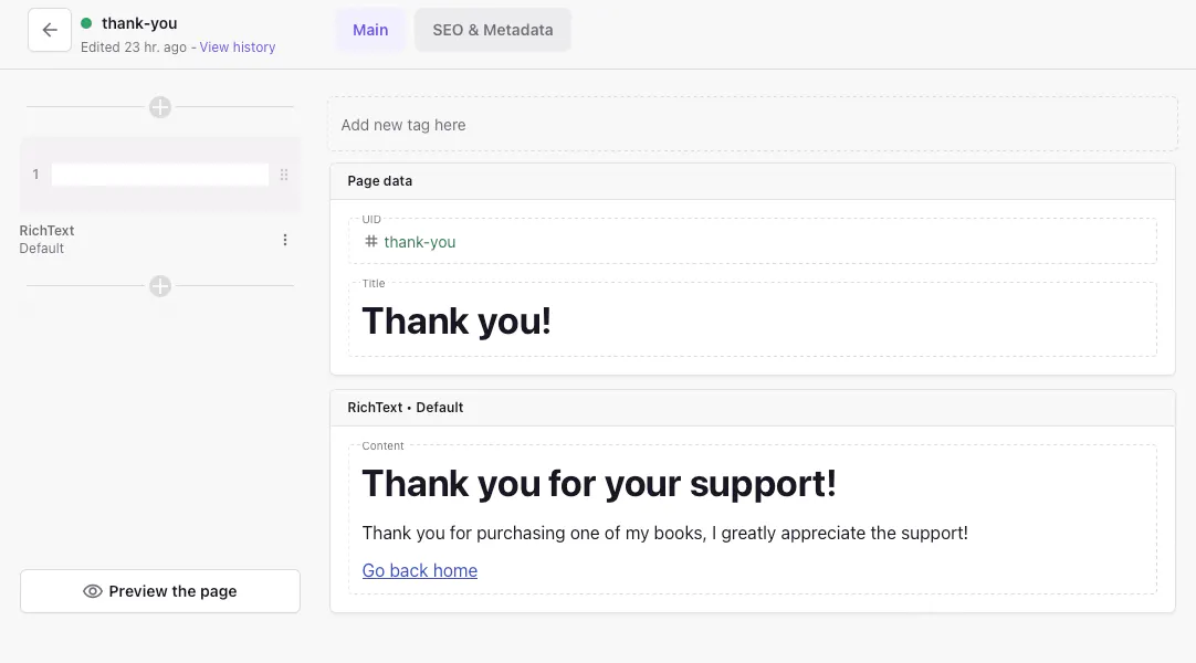 An image of thank you message in Prismic.