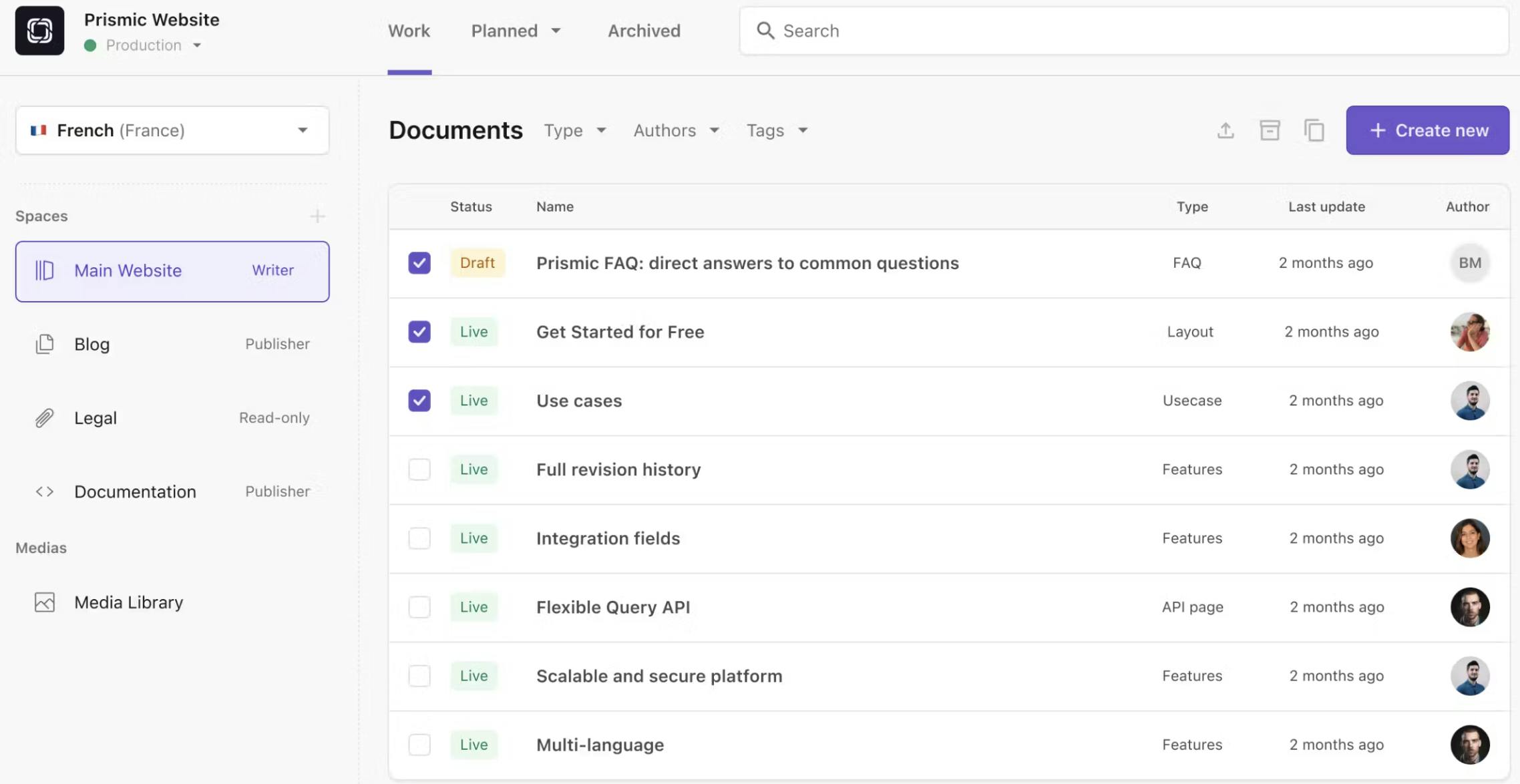 An image of team spaces in the Page Builder.