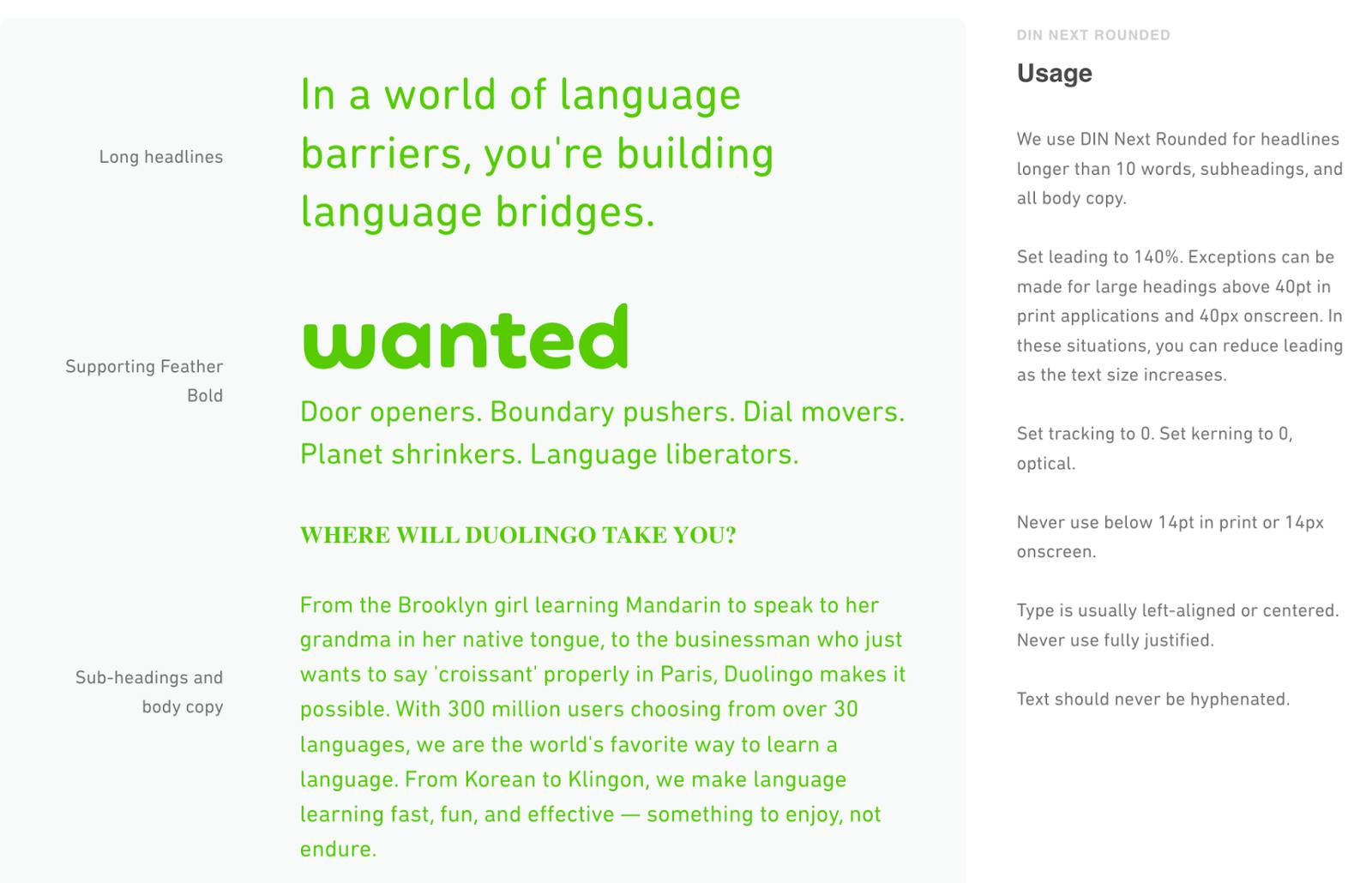 duolingo style guide - writing, fonts, and headings example