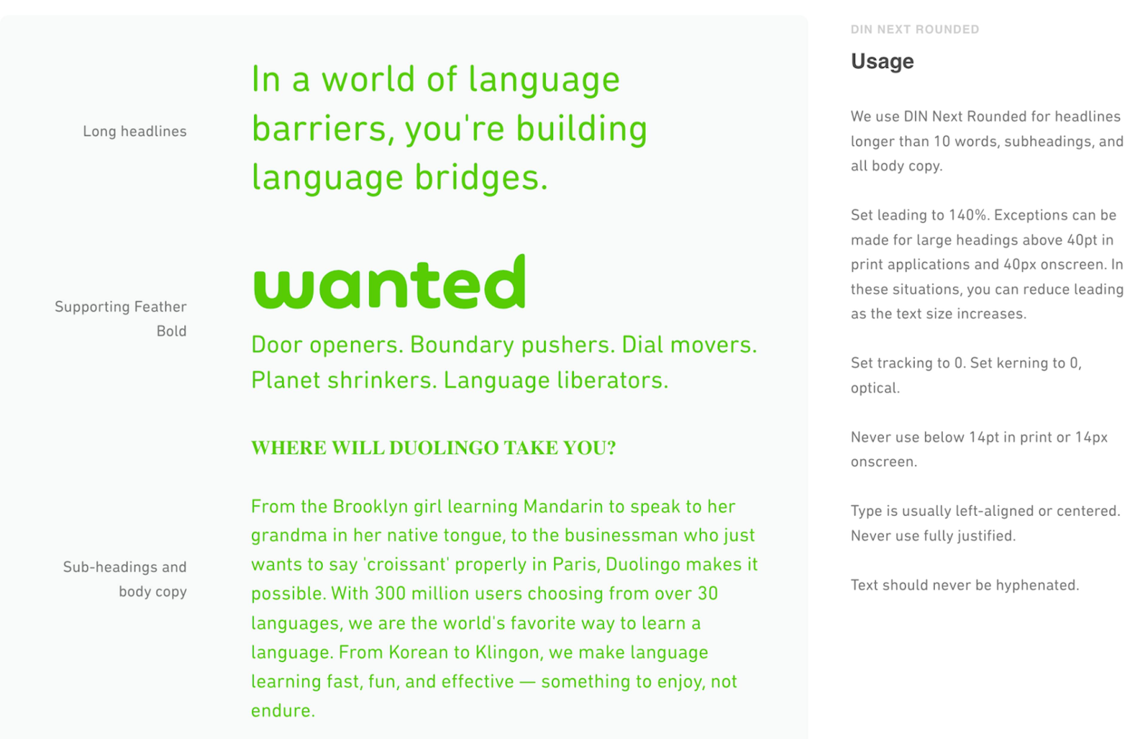 duolingo style guide - writing, fonts, and headings example