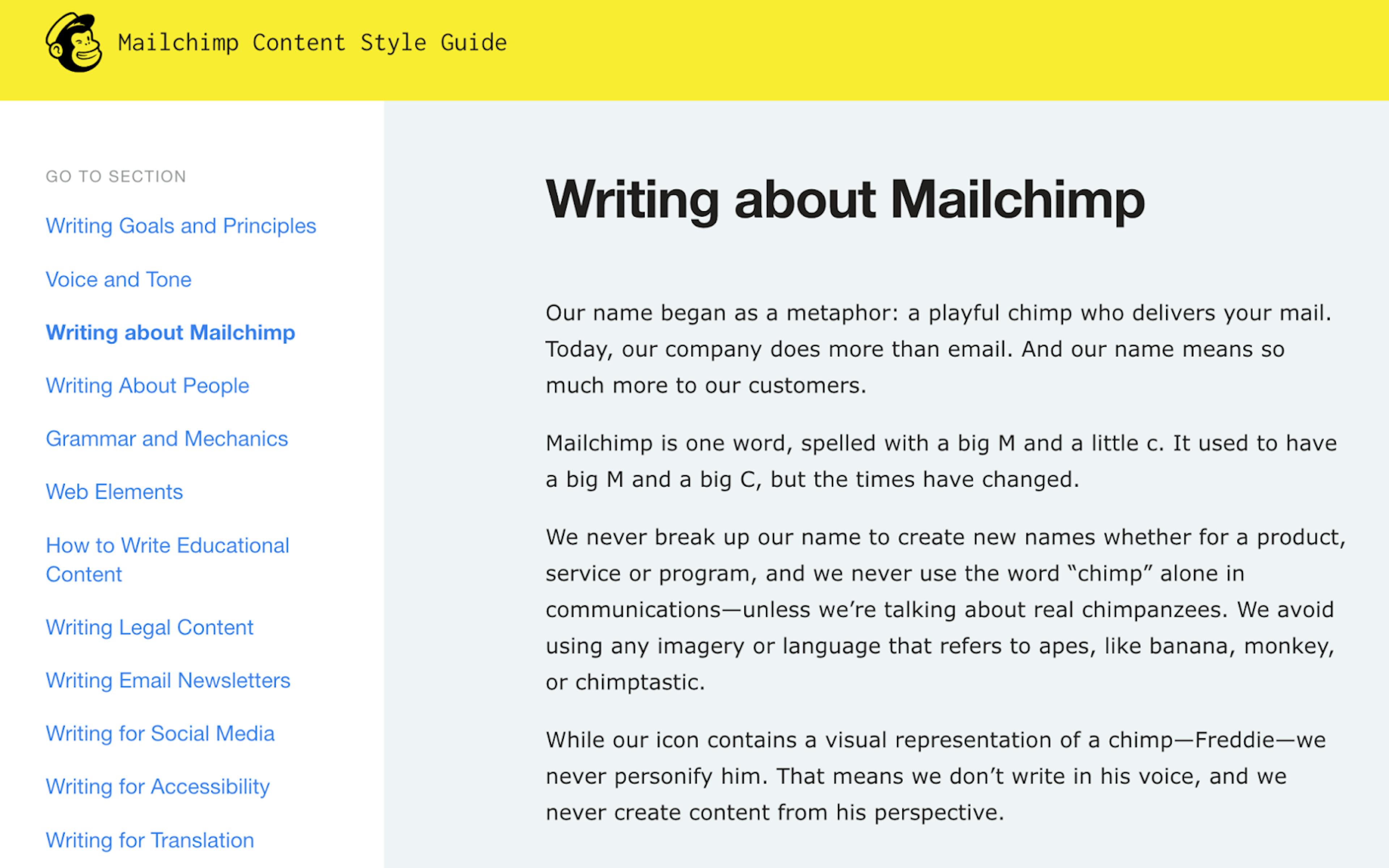 mailchimp content style guide - writing example